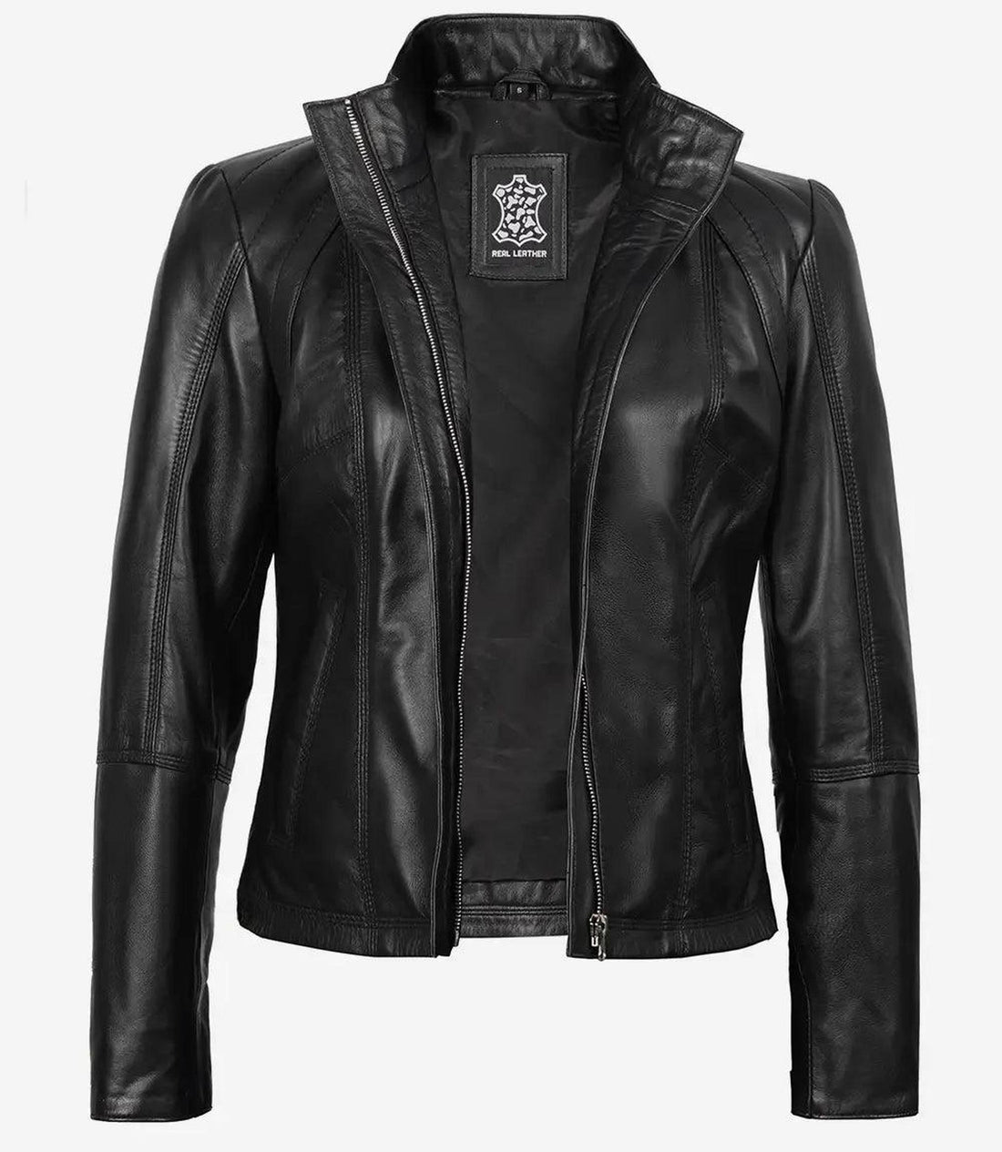 Acerra Women's Slim Fit Black Leather Biker Jacket-Leather Jackets-Glompi-Glompi