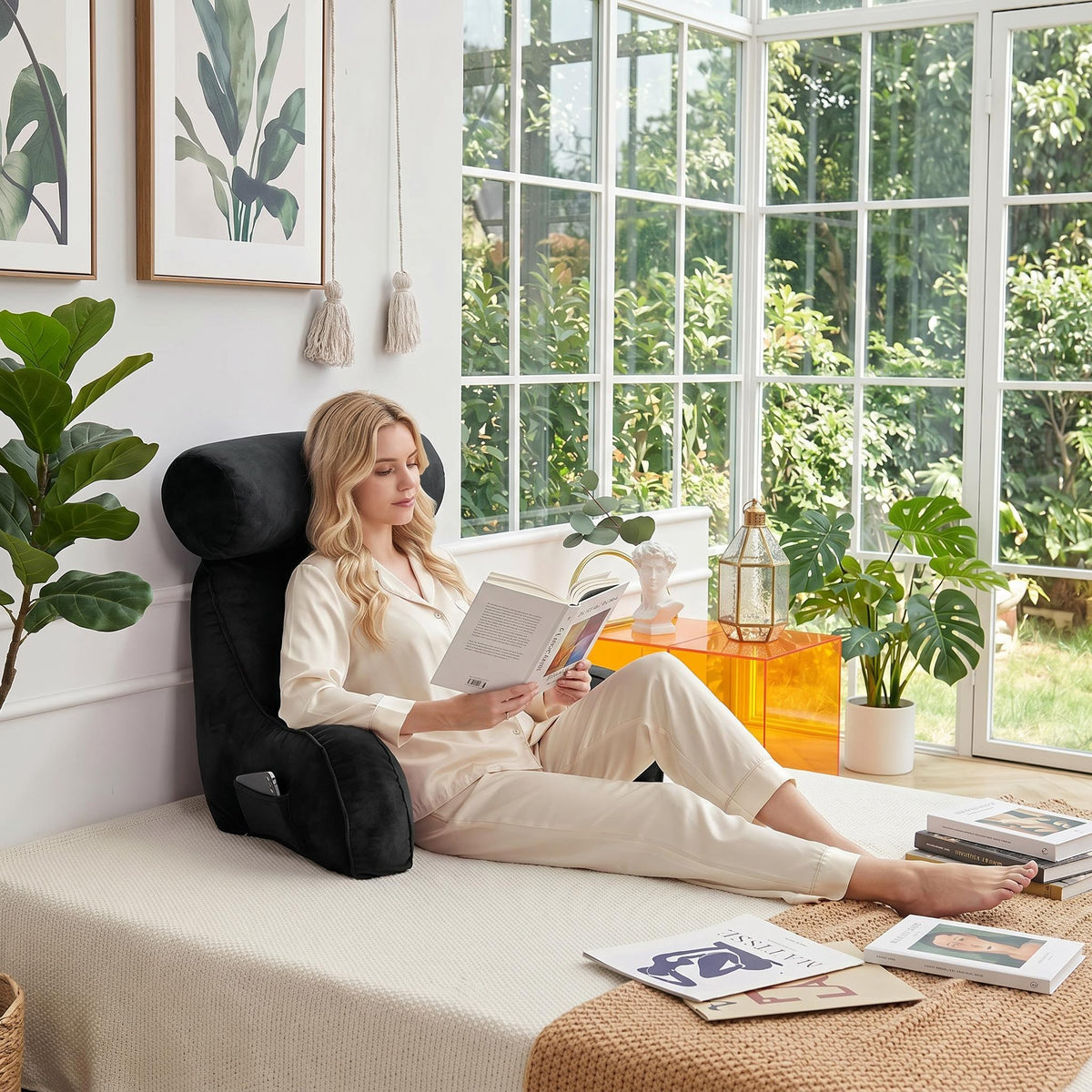 Woman relaxing on a bed with a black velour adjustable backrest pillow with arms and a side pocket.