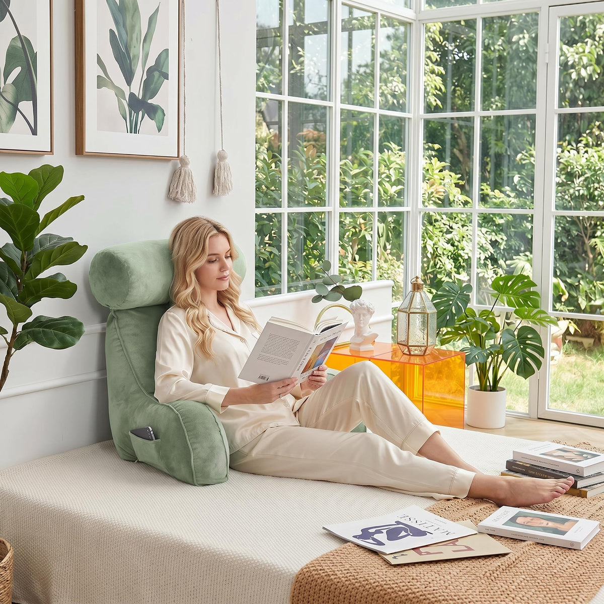 Woman relaxing on a bed with a sage green velour adjustable backrest pillow with arms and a side pocket.