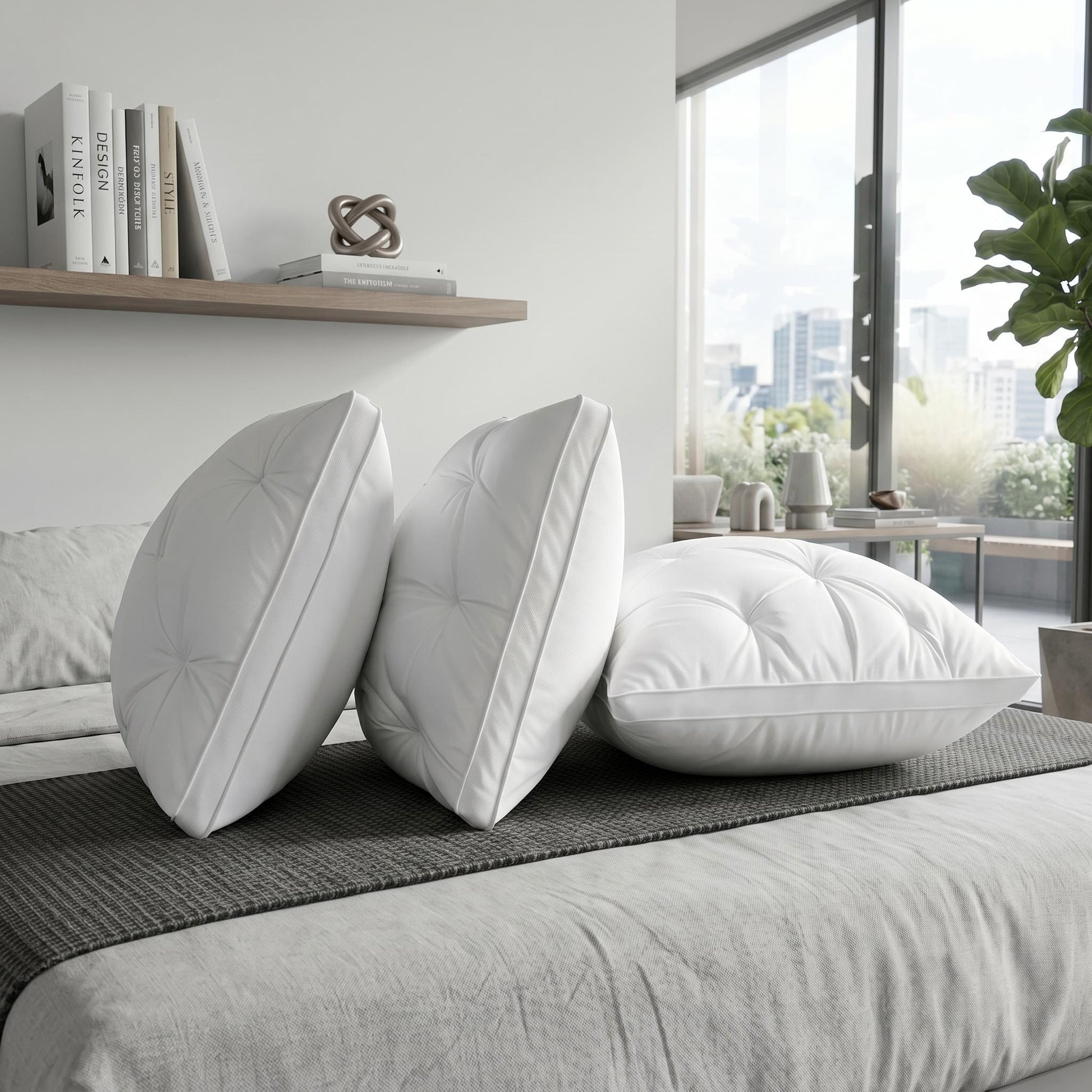 Three white quilted adjustable hotel pillows on a bed in a modern bedroom.