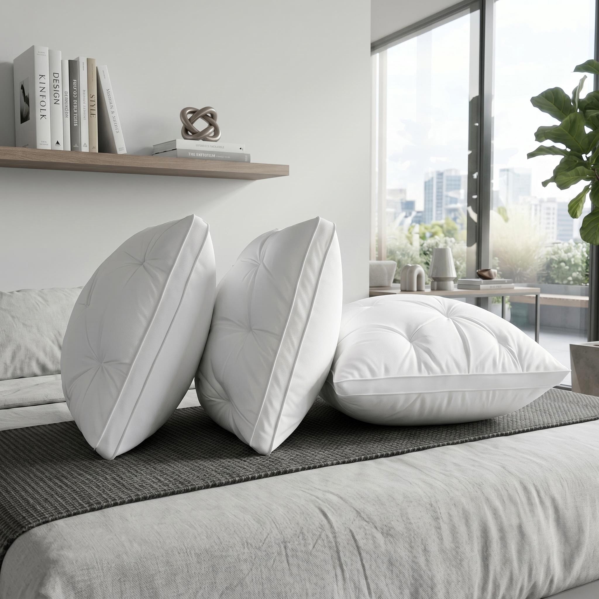 Three white quilted adjustable hotel pillows on a bed in a modern bedroom.