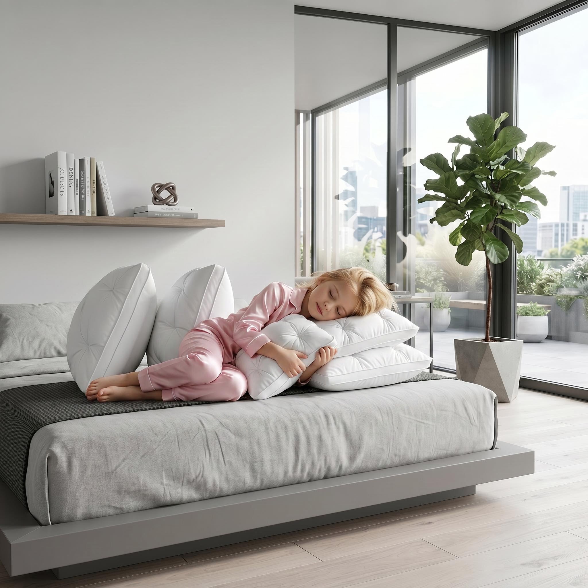 Child sleeping peacefully on a bed with multiple white quilted adjustable neck pillows.
