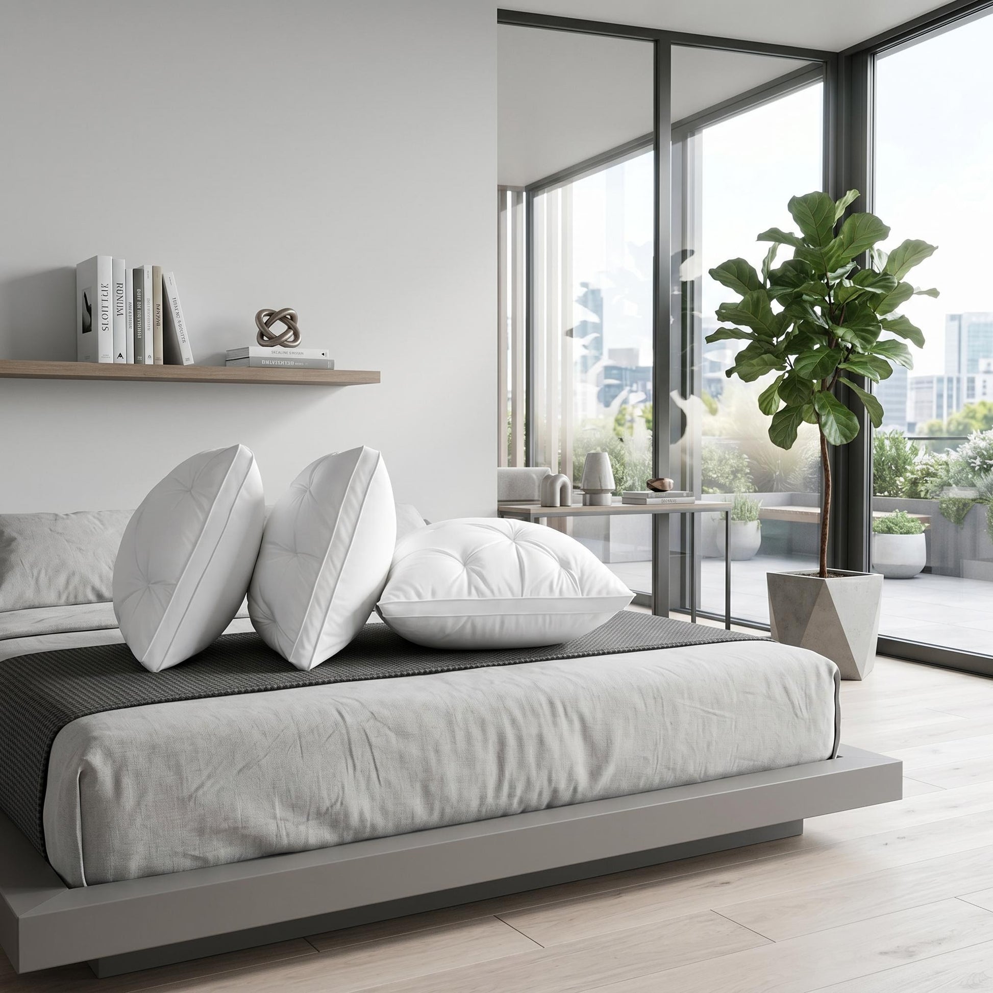Three white quilted polyester pillows on a modern gray bed in a bright bedroom with a large plant.