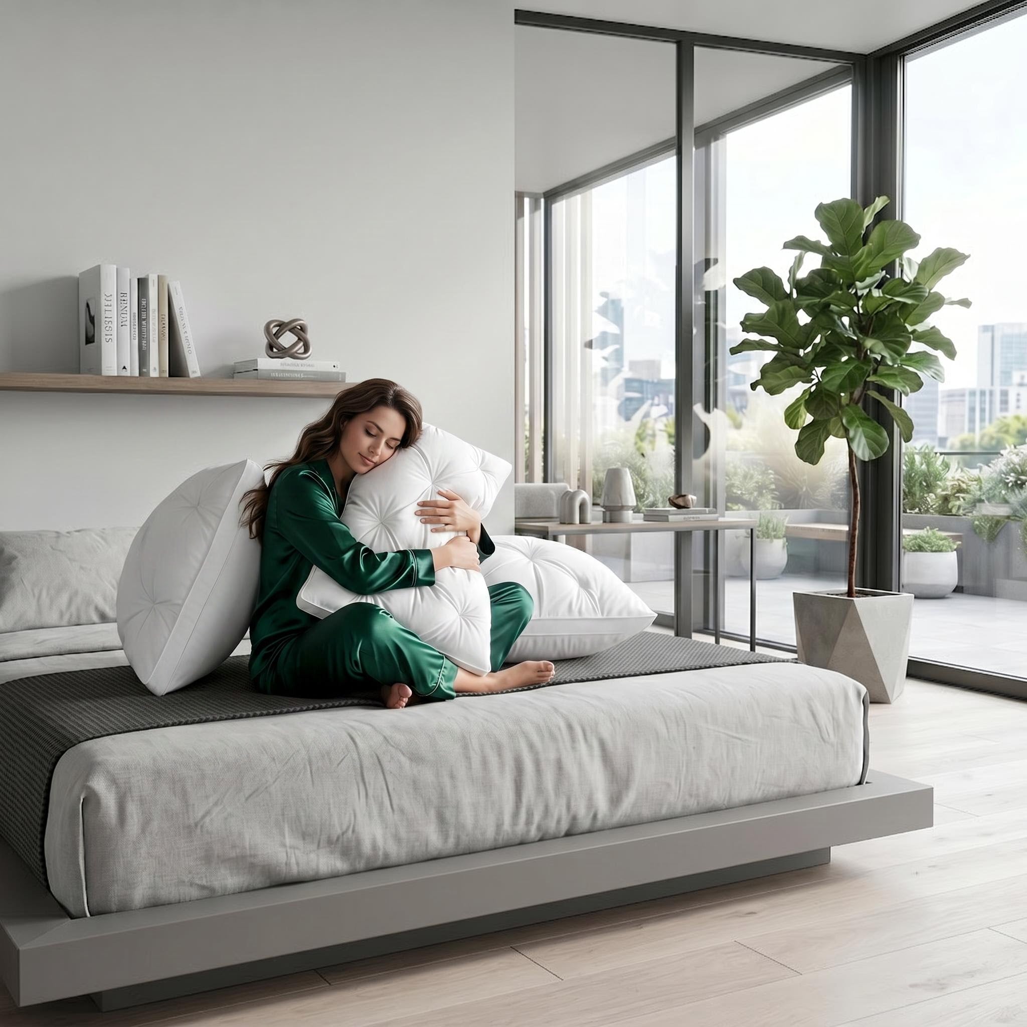 Woman in green pajamas hugging a white quilted adjustable neck pillow on a modern gray bed.