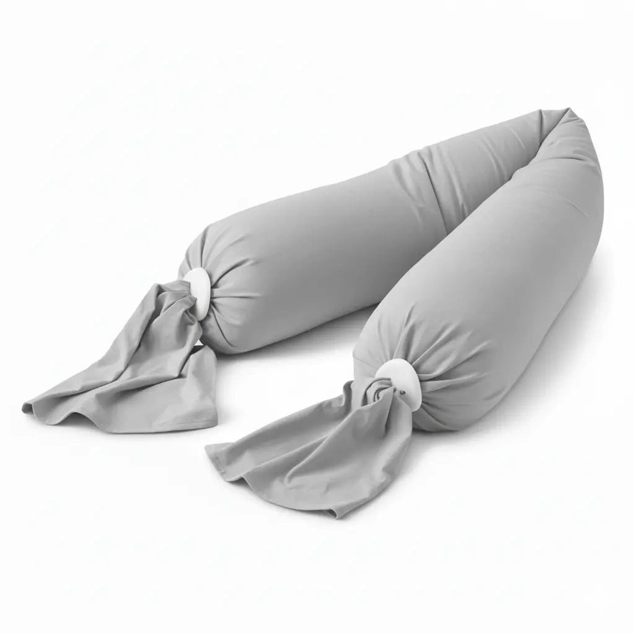 Light gray adjustable U-shaped pregnancy body pillow with white fasteners and soft stretch-knit cover.
