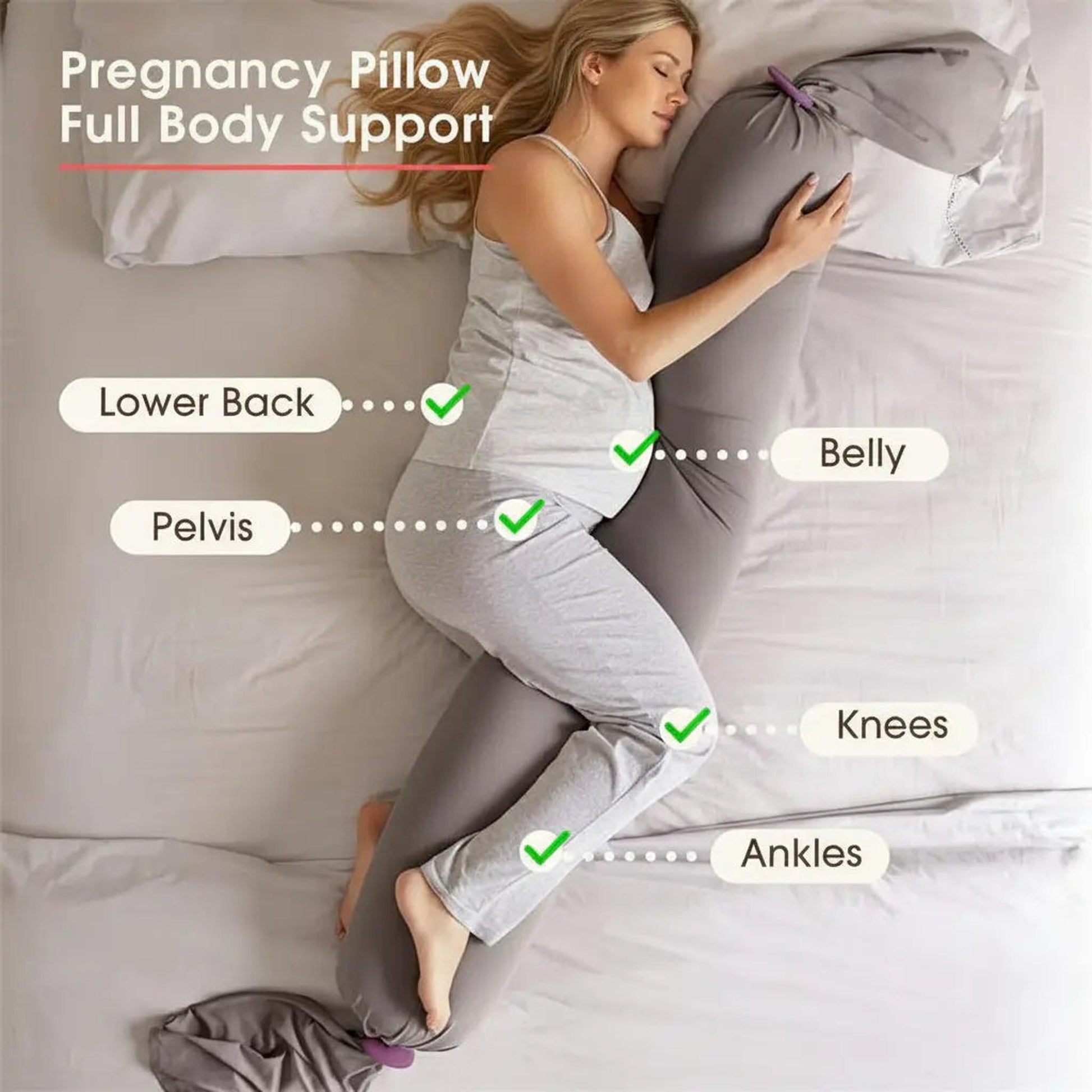 Gray U-shaped pregnancy body pillow supporting a pregnant woman's belly, back, pelvis, knees, and ankles.