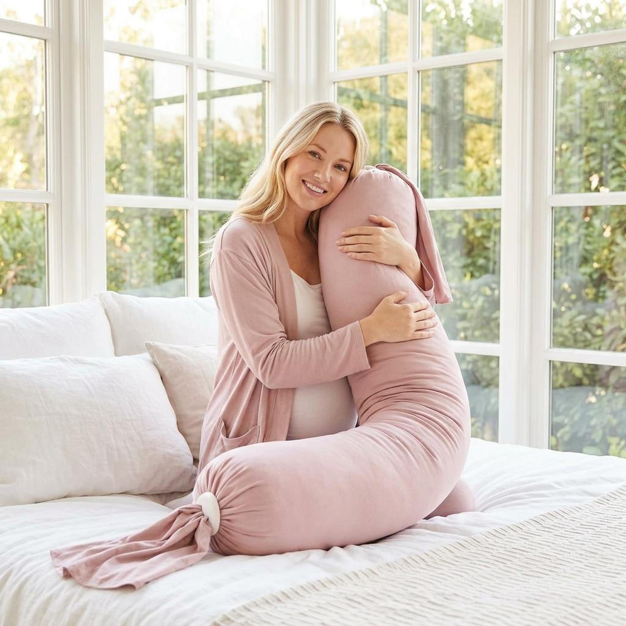 Smiling pregnant woman hugging a long, adjustable pink U-shaped body pillow on a bed.