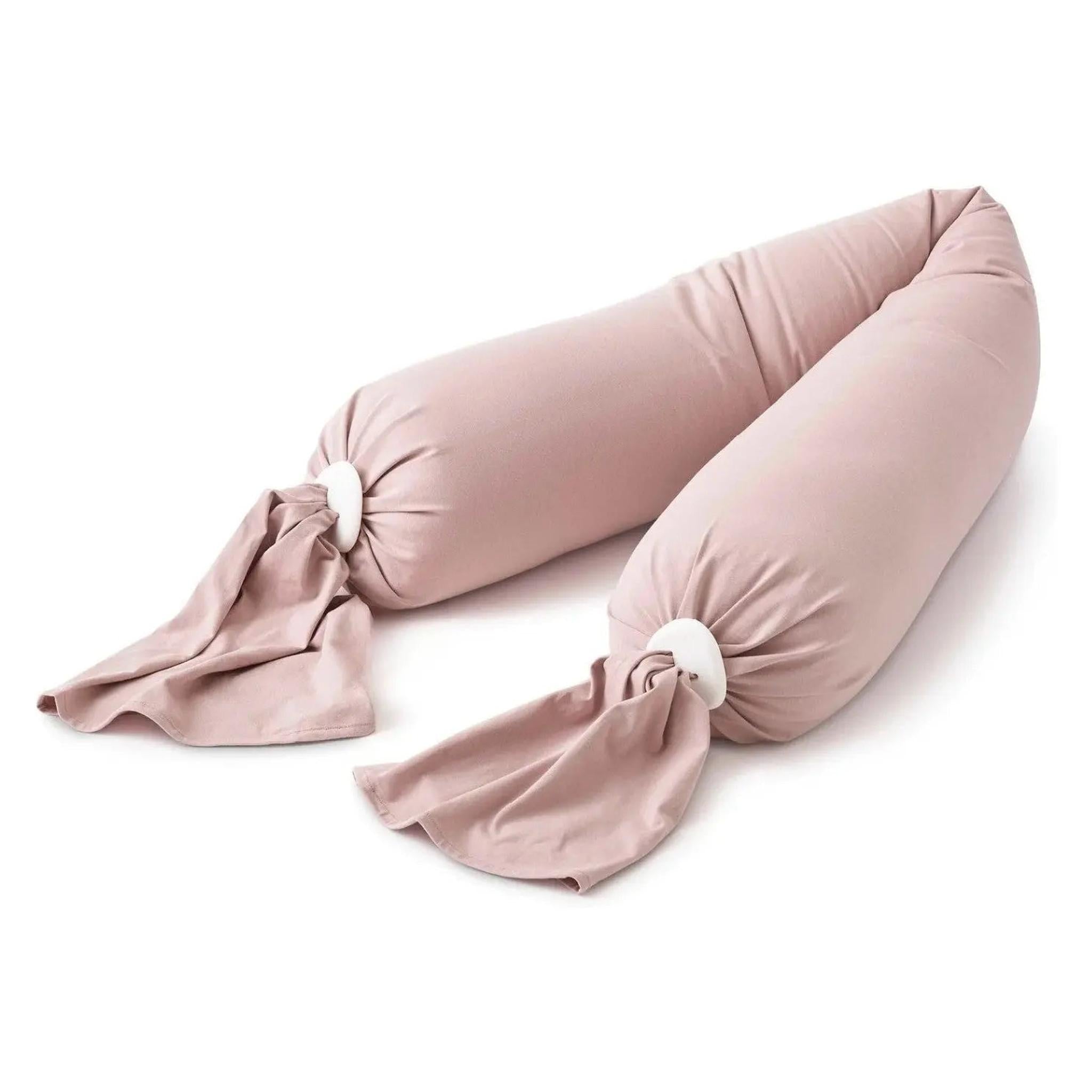 Pink adjustable U-shaped pregnancy body pillow with white clips on a white background.