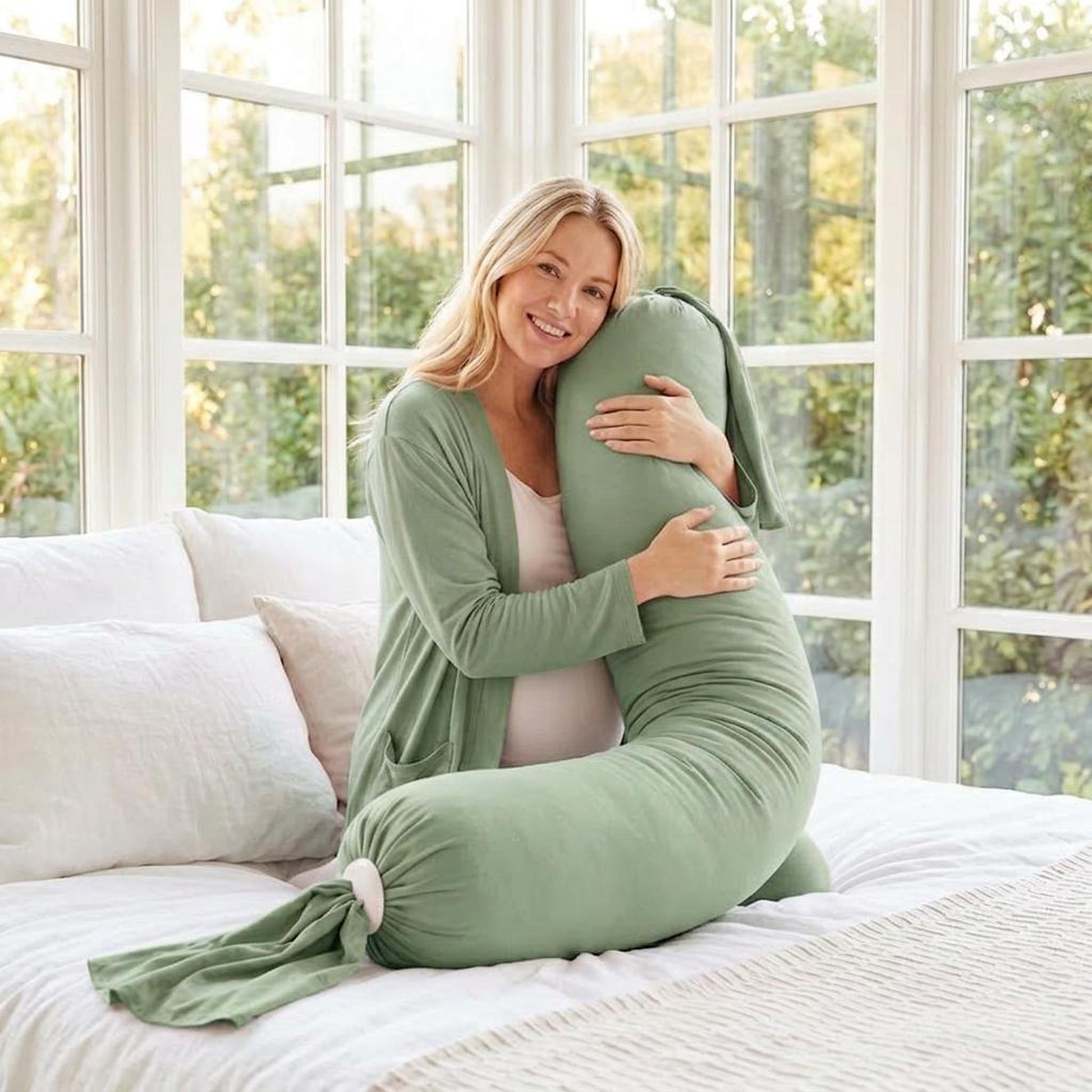 Smiling pregnant woman hugging a sage green adjustable U-shaped body pillow with a stretch-knit cover.