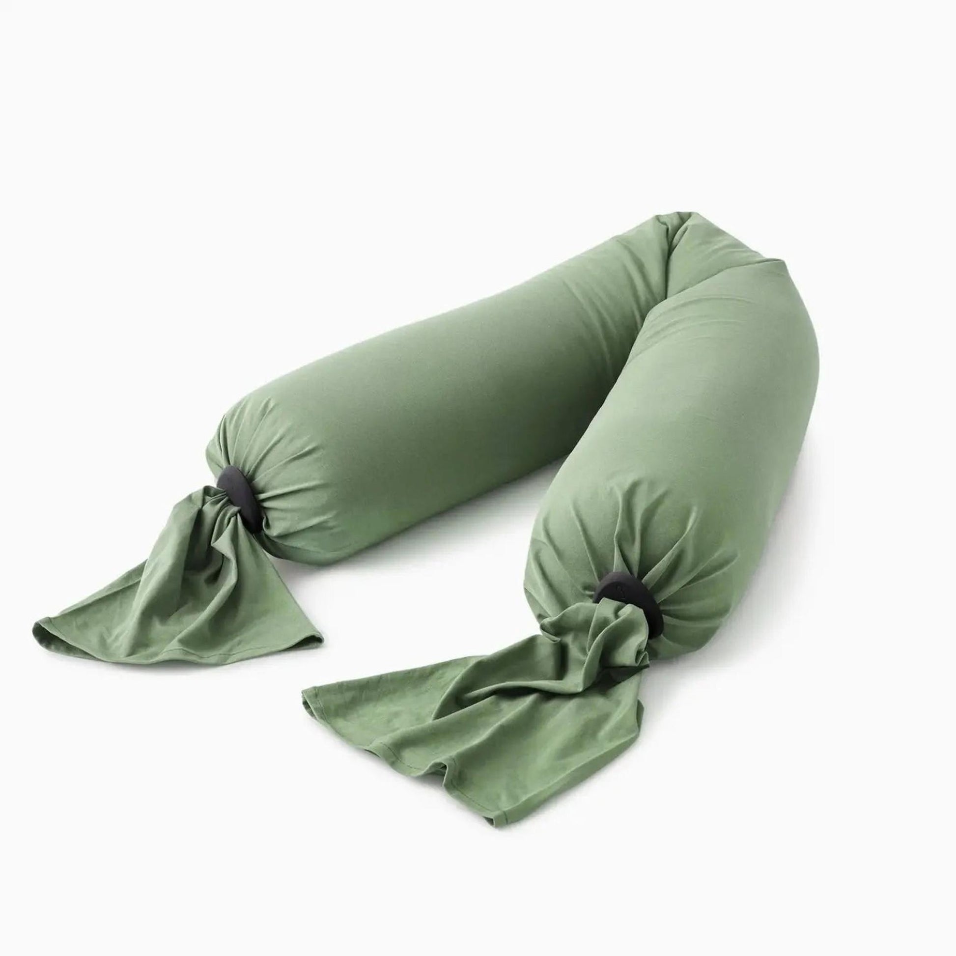 Adjustable U-shaped pregnancy body pillow in sage green with black cinch ties.
