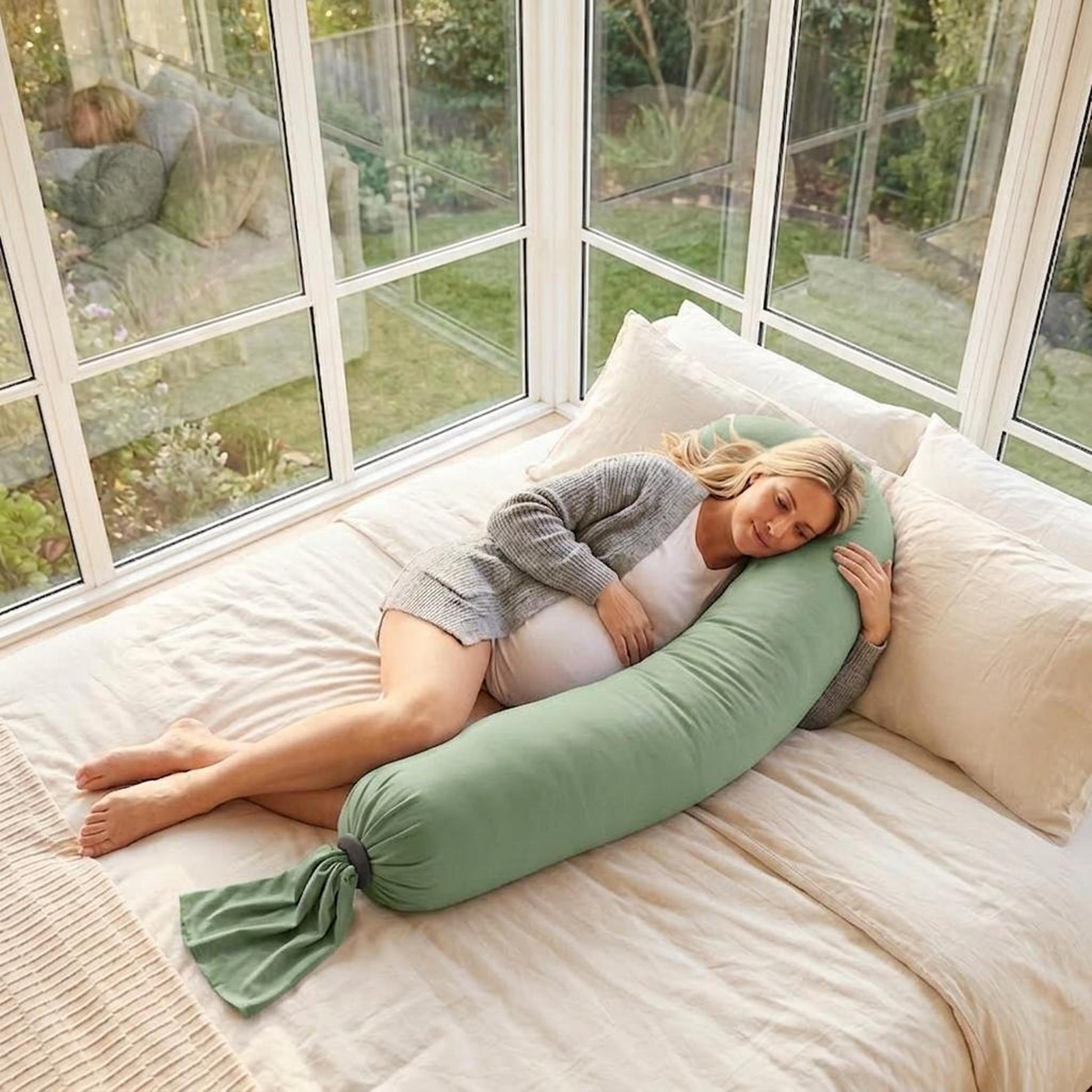 Pregnant woman sleeping comfortably on a bed with a light green U-shaped body pillow.