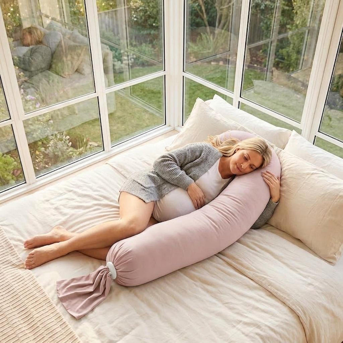 Pregnant woman sleeping peacefully on a bed with a pink U-shaped body pillow.