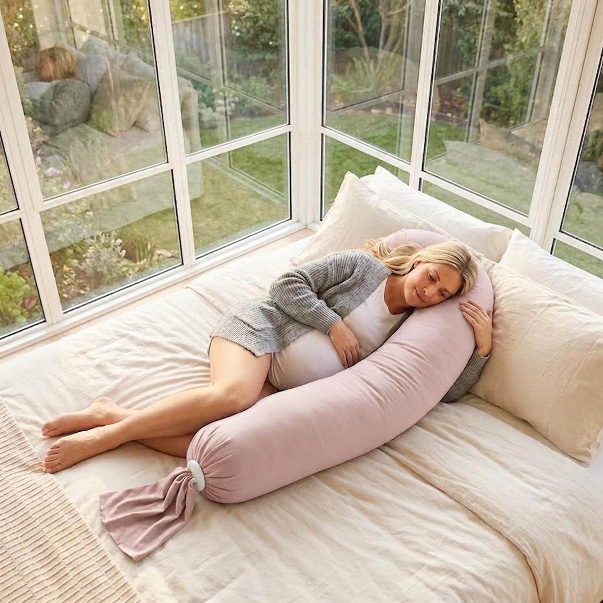 Pregnant woman sleeping peacefully on a bed with a pink U-shaped body pillow.
