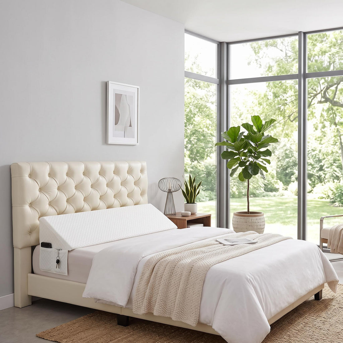 White adjustable wedge pillow with a side storage pocket, placed on a bed to support a woman reading in a bright bedroom.