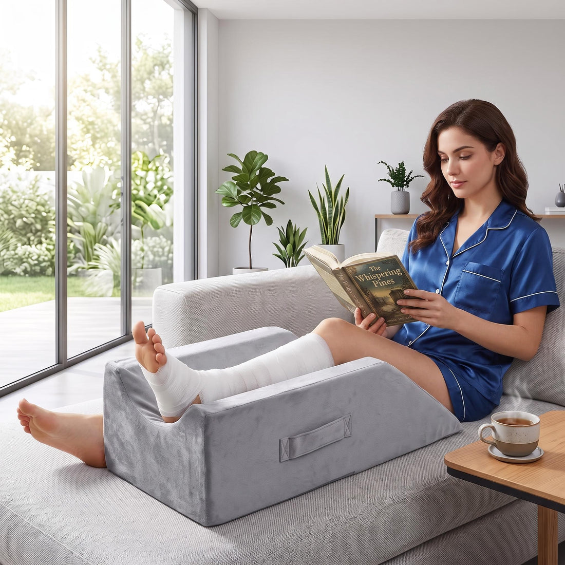 Grey U-shaped memory foam wedge pillow with side handles, supporting a bandaged leg while a woman reads on a sofa.