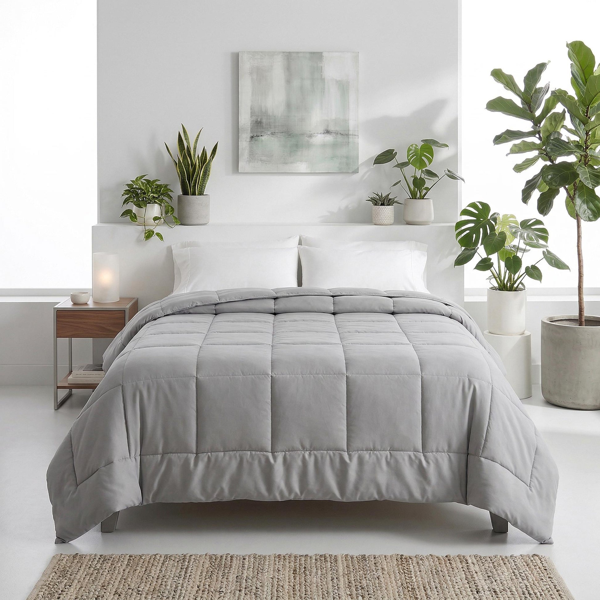 Light gray microfiber all-season comforter with box stitching on a bed.