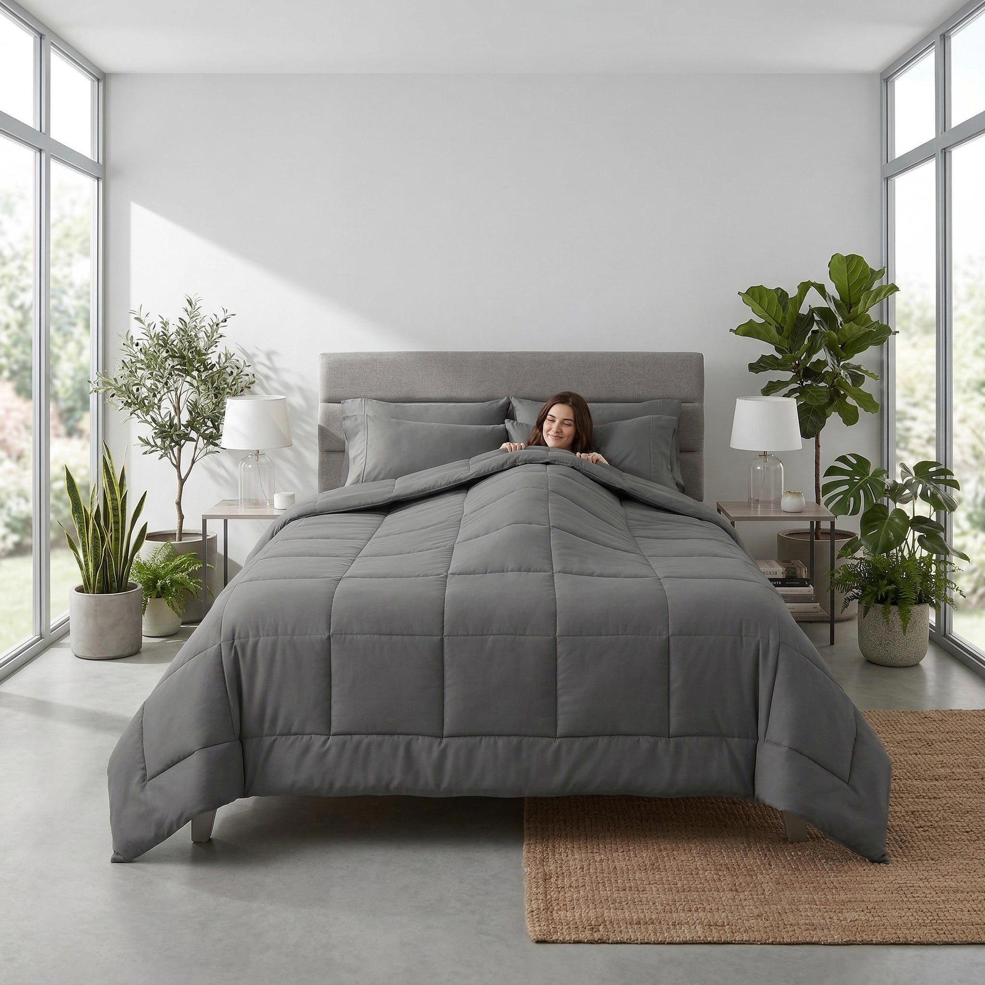 Woman cozy in a gray queen-size all-season comforter with box stitching on a bed.