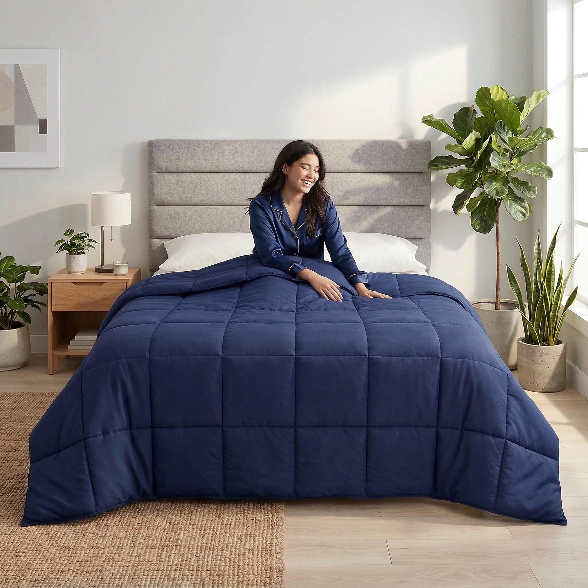 Smiling woman in blue pajamas sitting on a bed with a navy blue box-stitched all-season comforter.