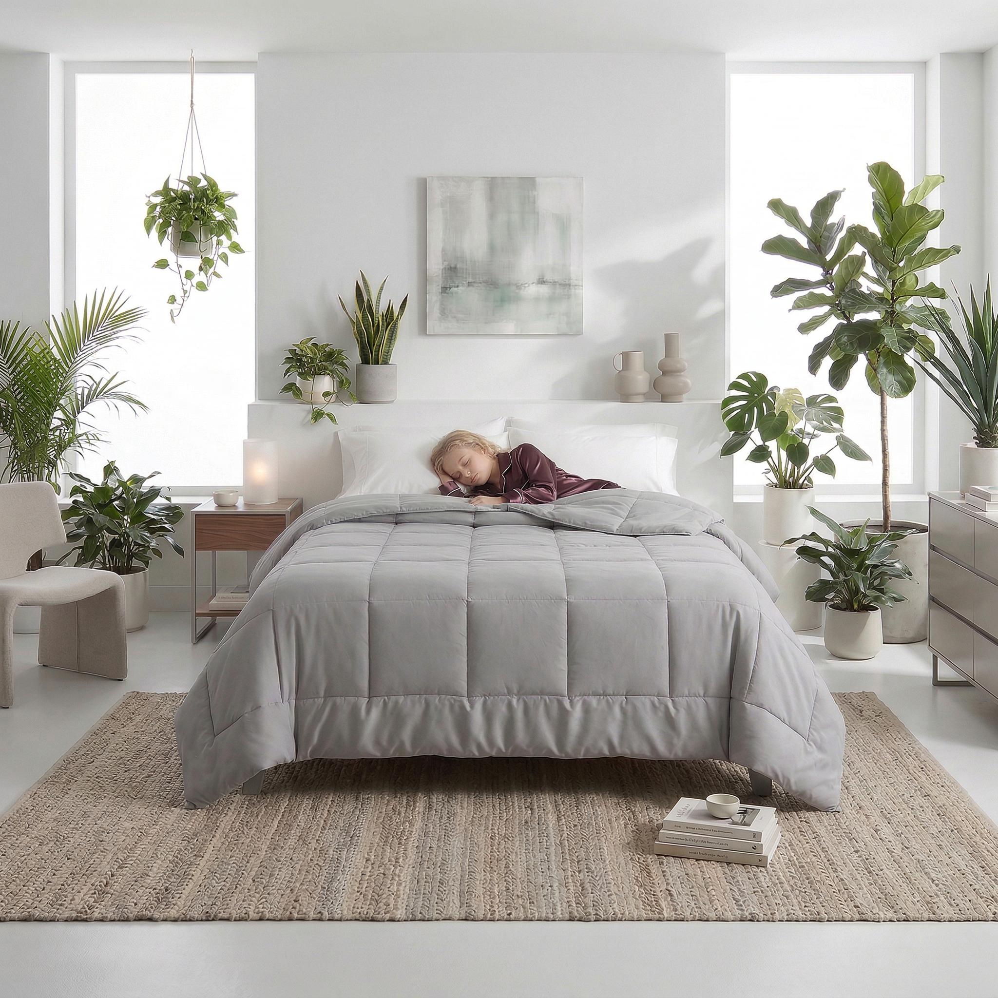 Light gray microfiber all-season comforter with box stitching on a bed with a sleeping person.