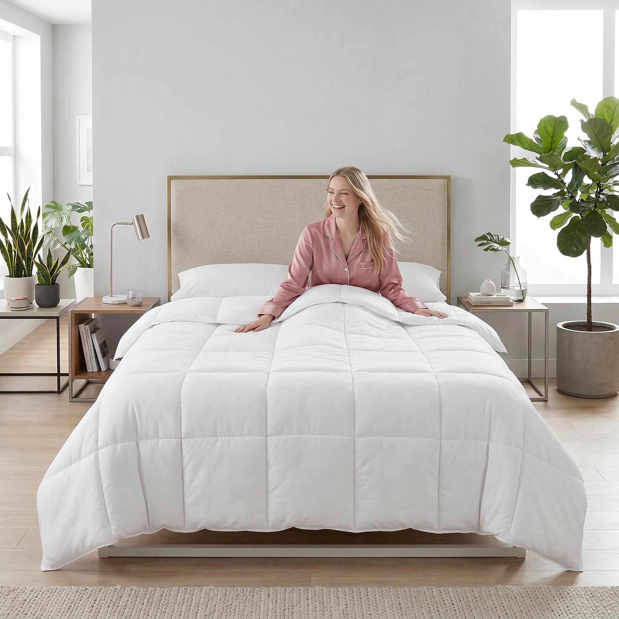 Happy woman in pink pajamas on a bed with a white microfiber all-season comforter with box stitching.