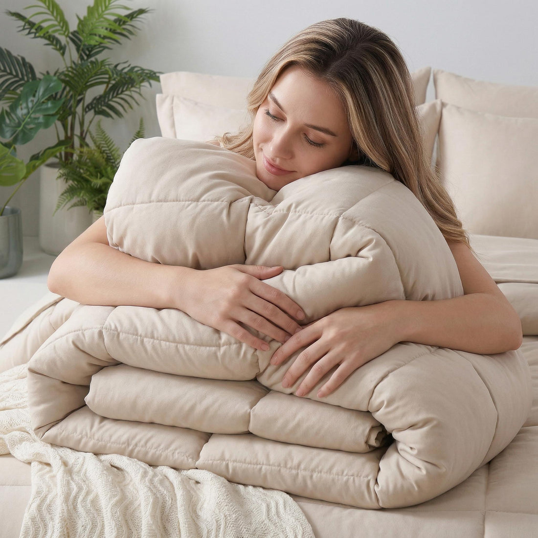 Beige down alternative duvet insert comforter set with a checkered pattern, on a bed with a woman.