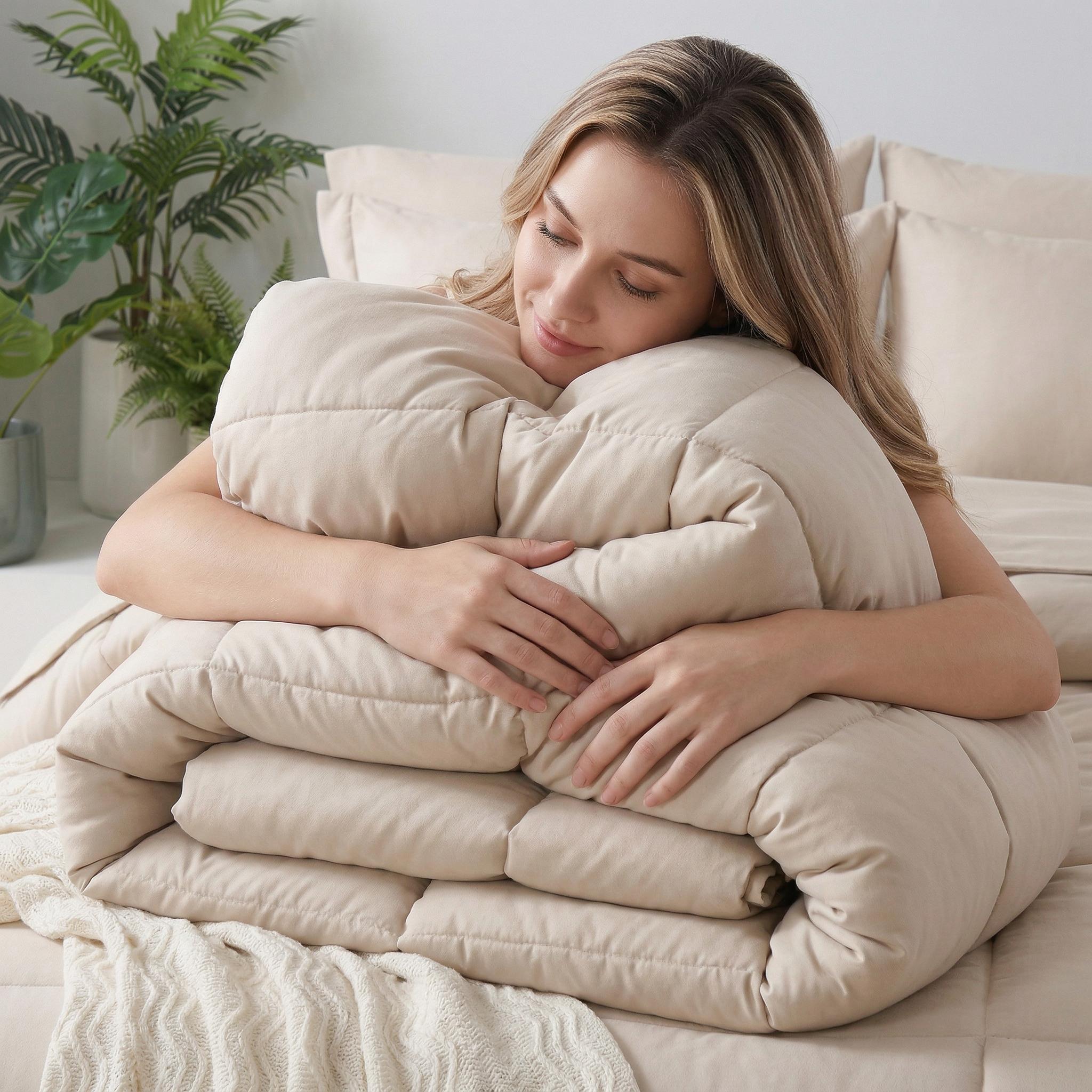 Woman hugging a soft, beige down alternative duvet insert with a simple checkered pattern.