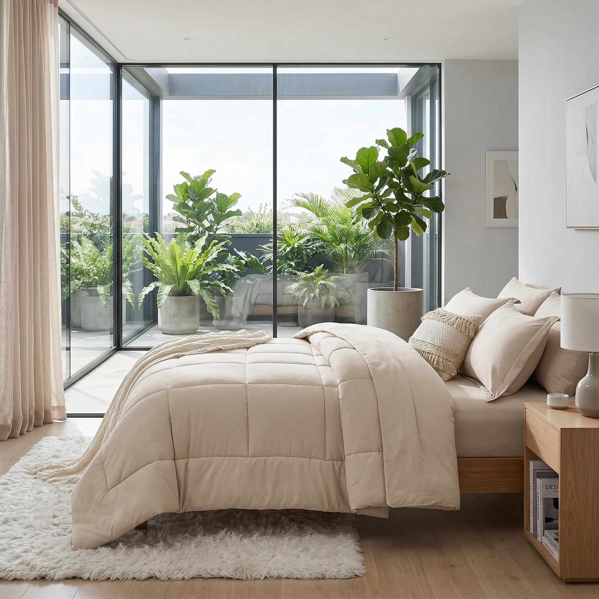 Beige down alternative duvet insert comforter set with checkered pattern on a bed in a modern bedroom.