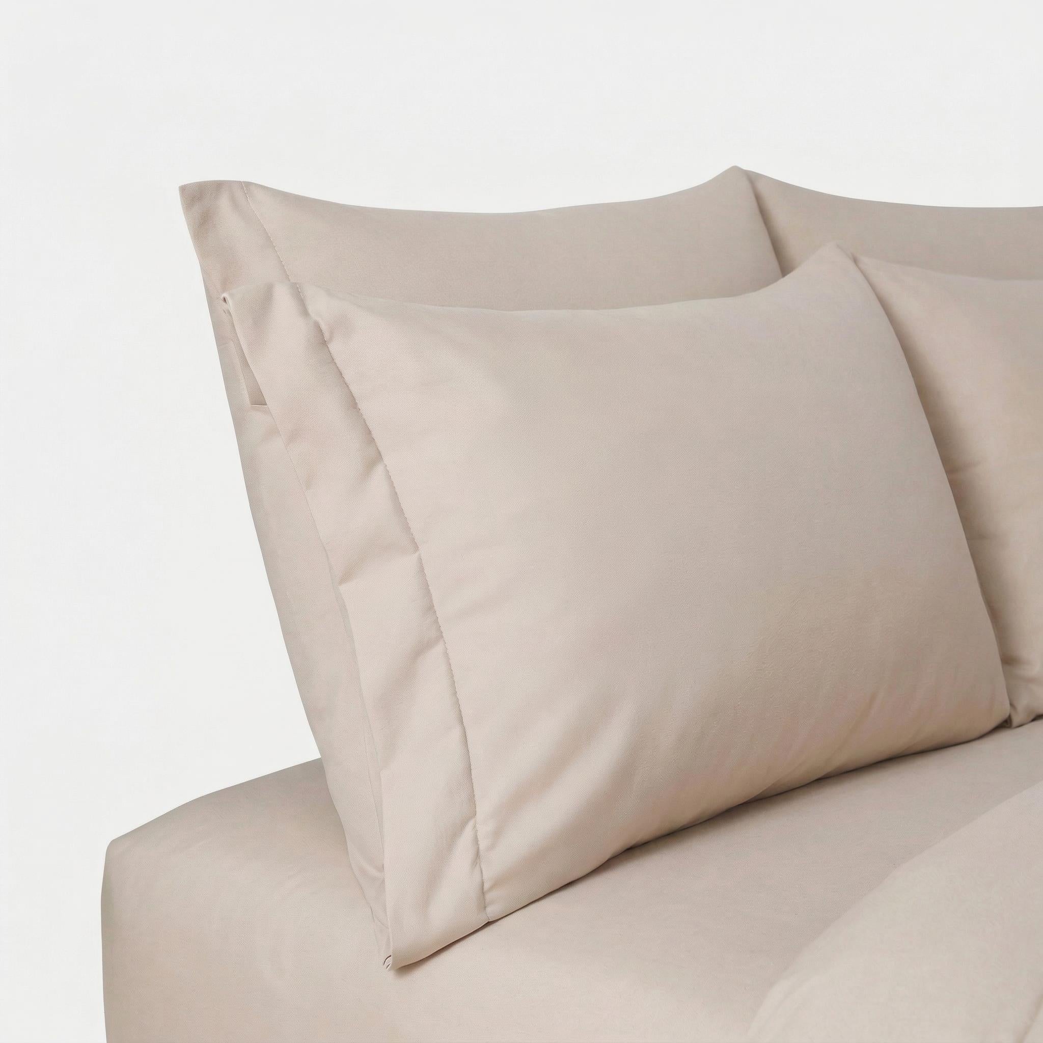 Beige silk duvet insert comforter set with two pillowcases, simple checkered pattern.