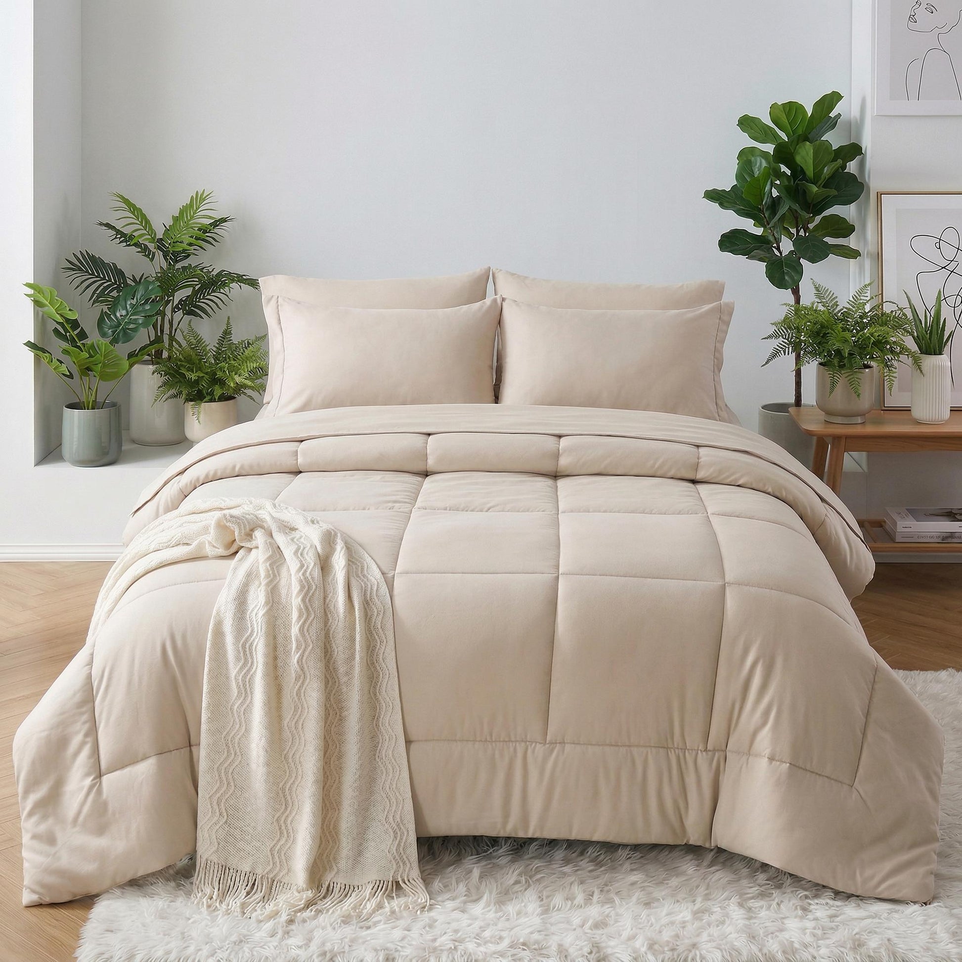 Beige microfiber down alternative duvet insert comforter set with checkered pattern, pillowcases, and throw.