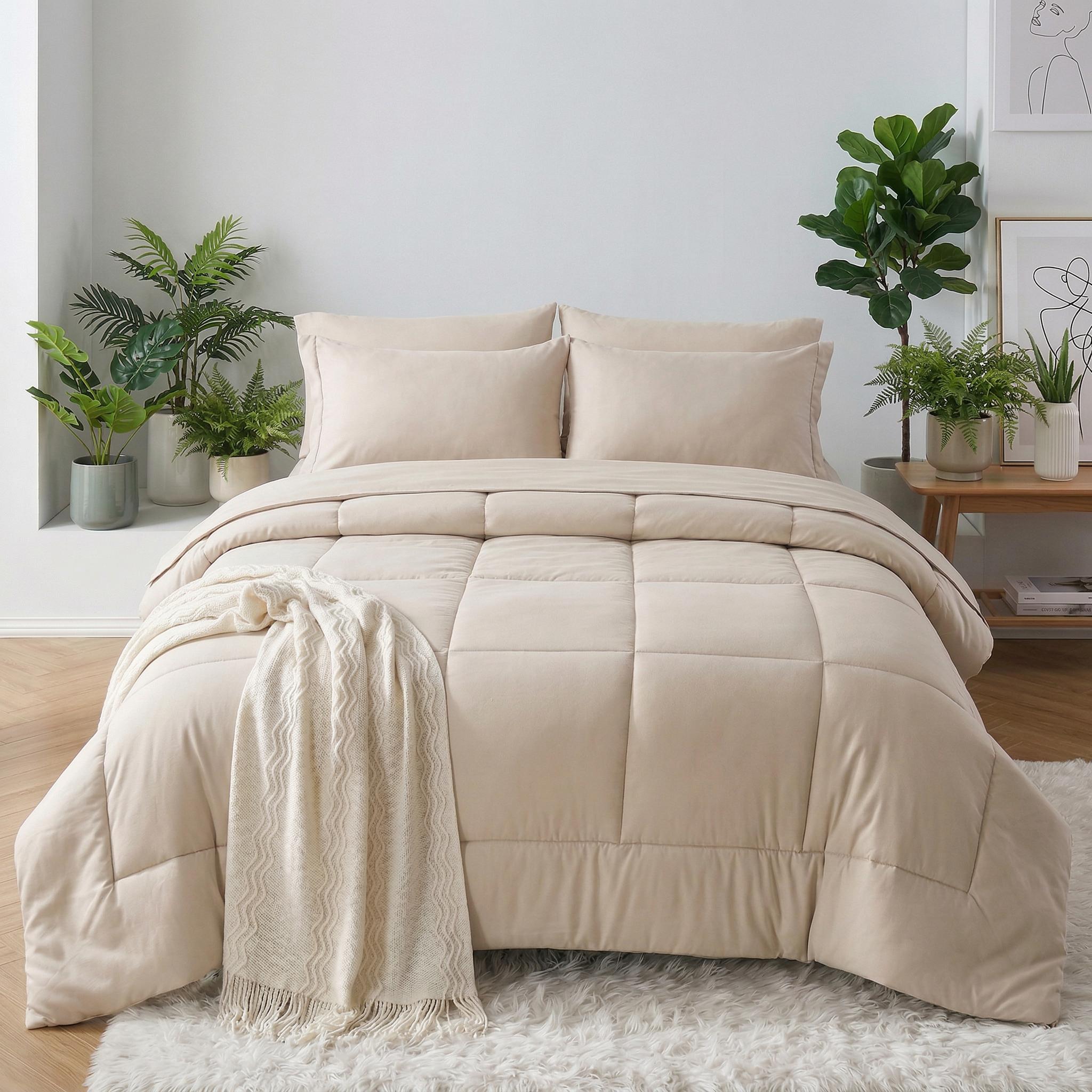 Beige microfiber down alternative duvet insert comforter set with checkered pattern, pillowcases, and throw.