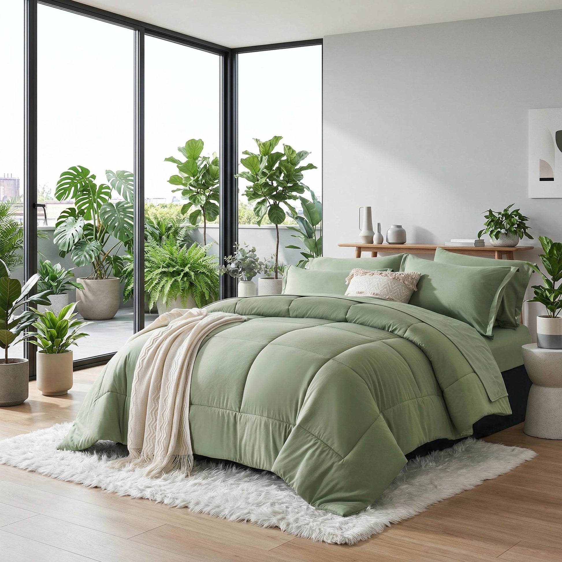 Green down alternative duvet insert comforter set with checkered pattern on a bed in a modern bedroom.