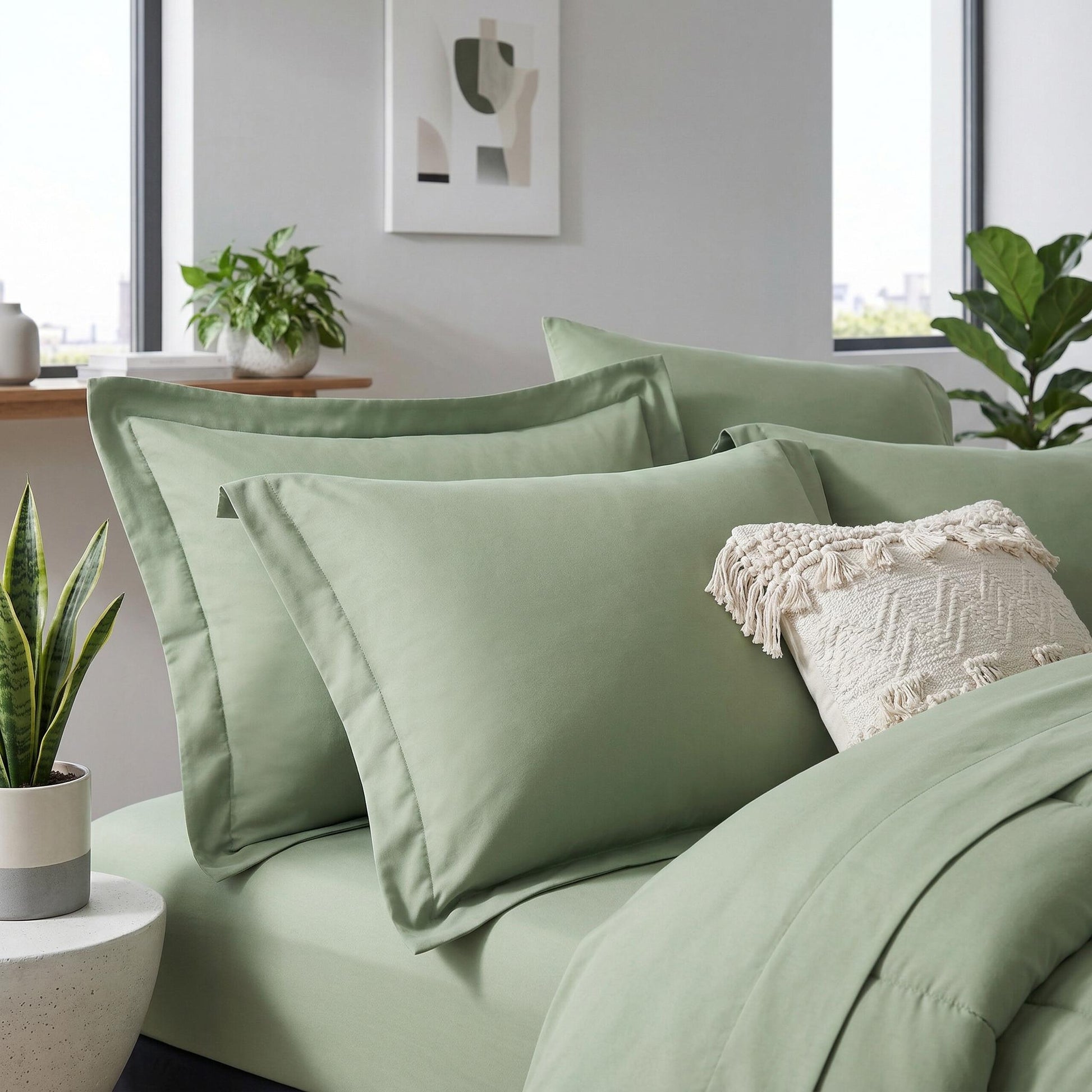 Sage green silk duvet insert comforter set with pillows and a decorative textured pillow.