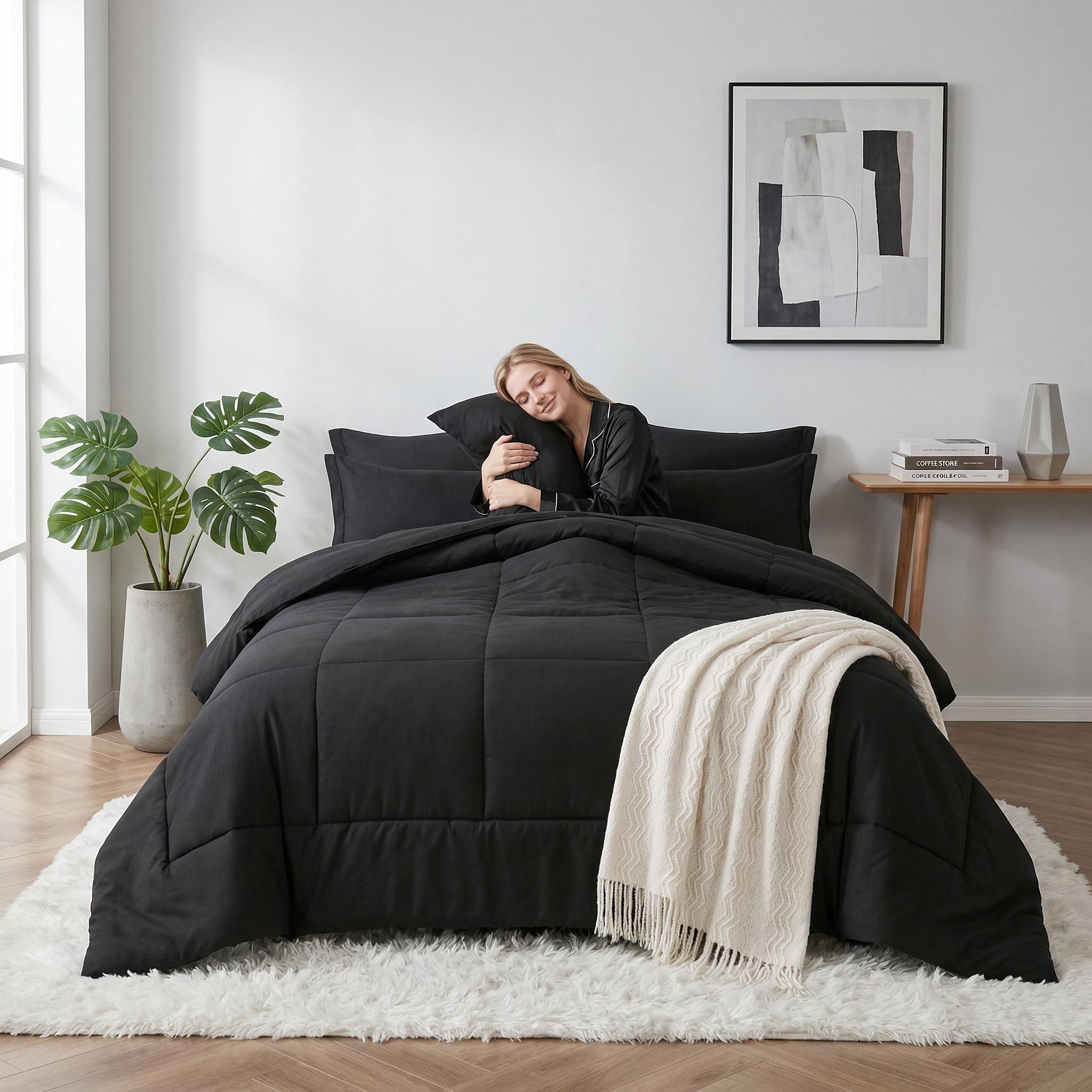 Black down alternative duvet insert comforter set with checkered pattern on a bed with a woman.