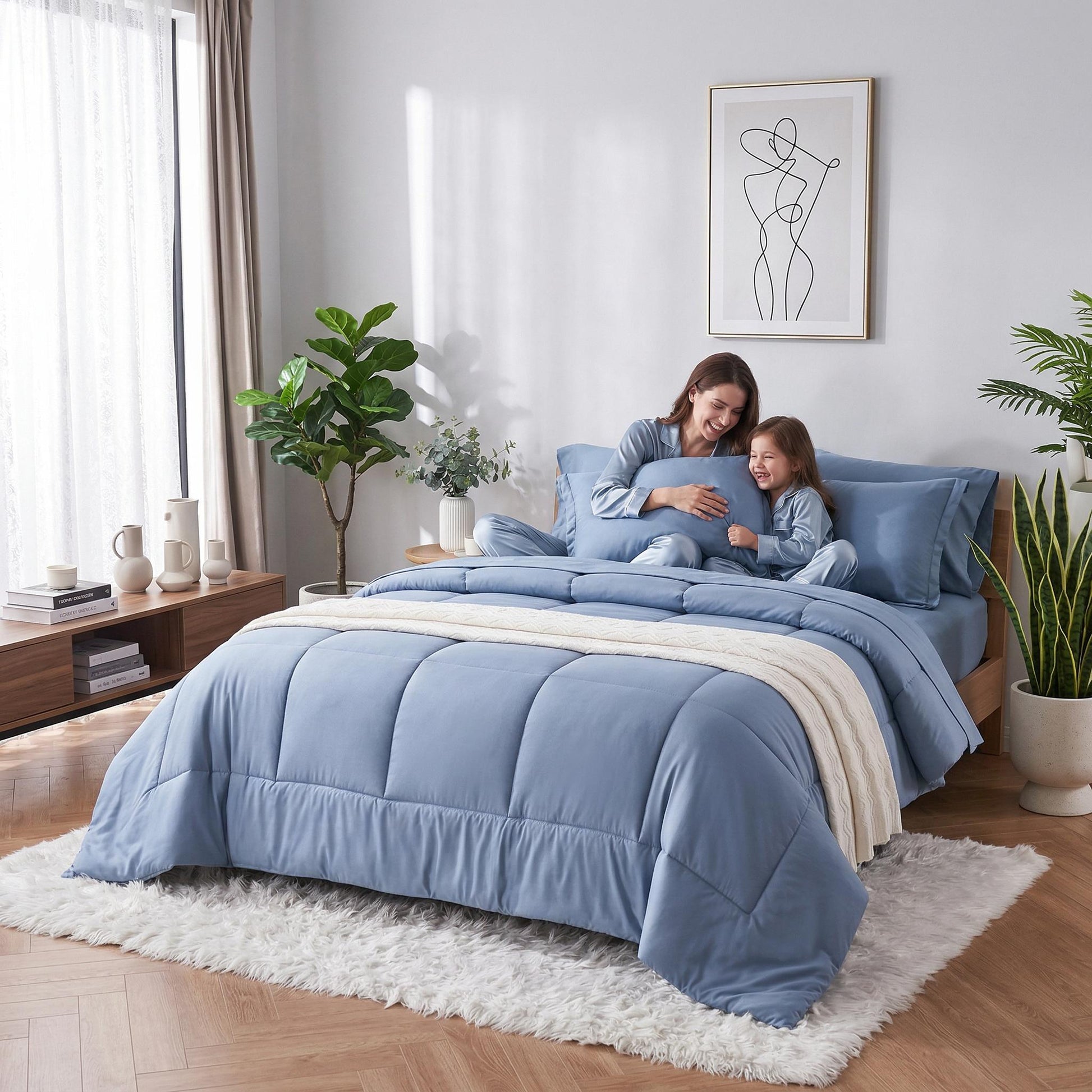 Blue silk down alternative duvet insert comforter set with a simple checkered pattern.