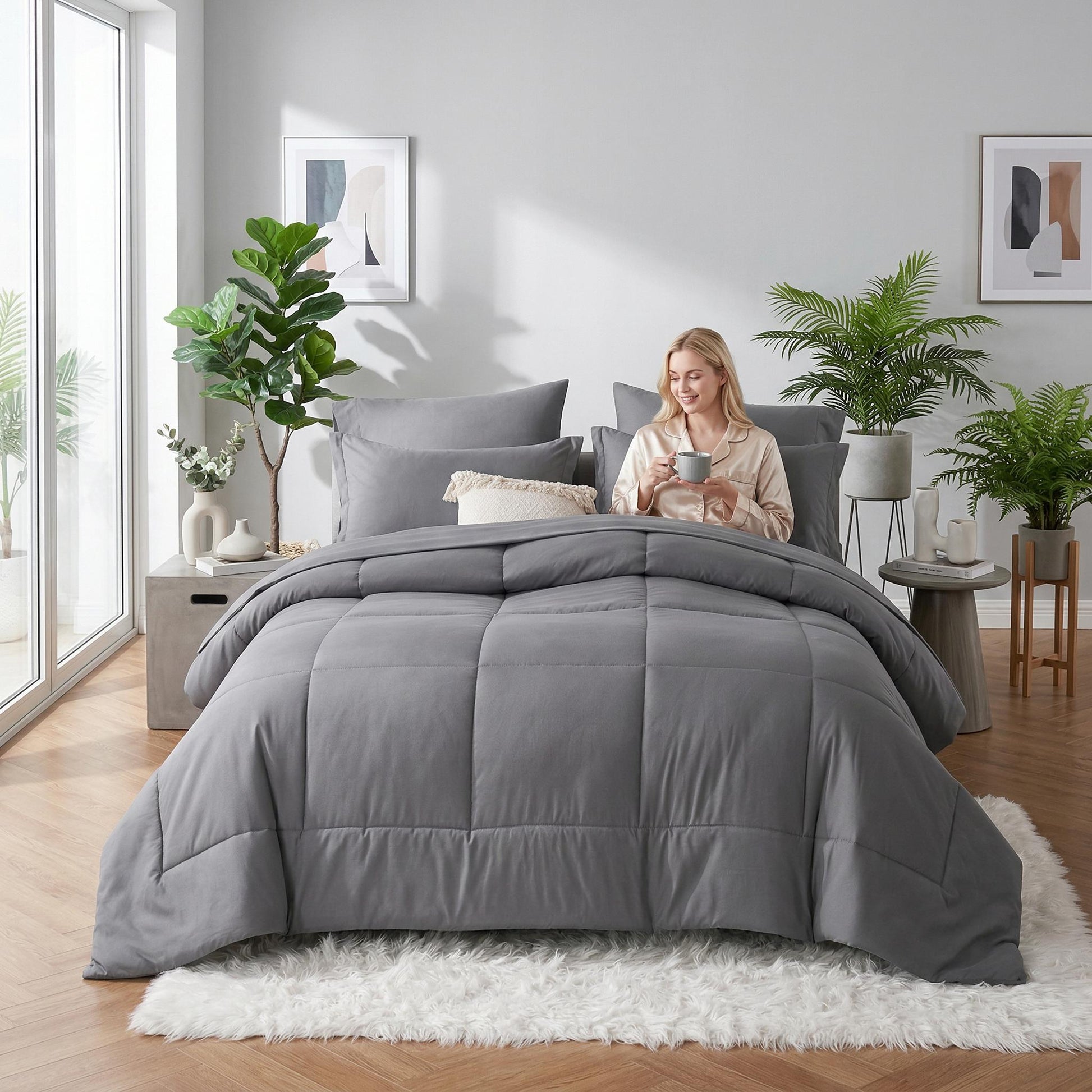 Gray down alternative duvet insert comforter set with checkered pattern on a bed in a modern bedroom.