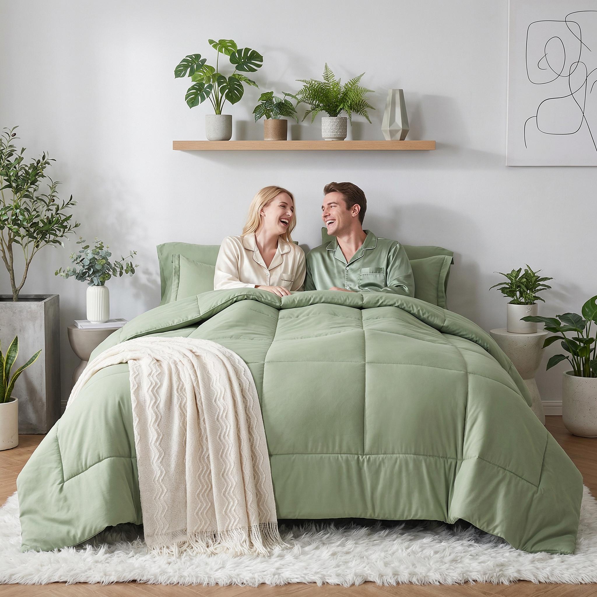 Couple on bed with a sage green down alternative duvet insert comforter set and a cream throw blanket.