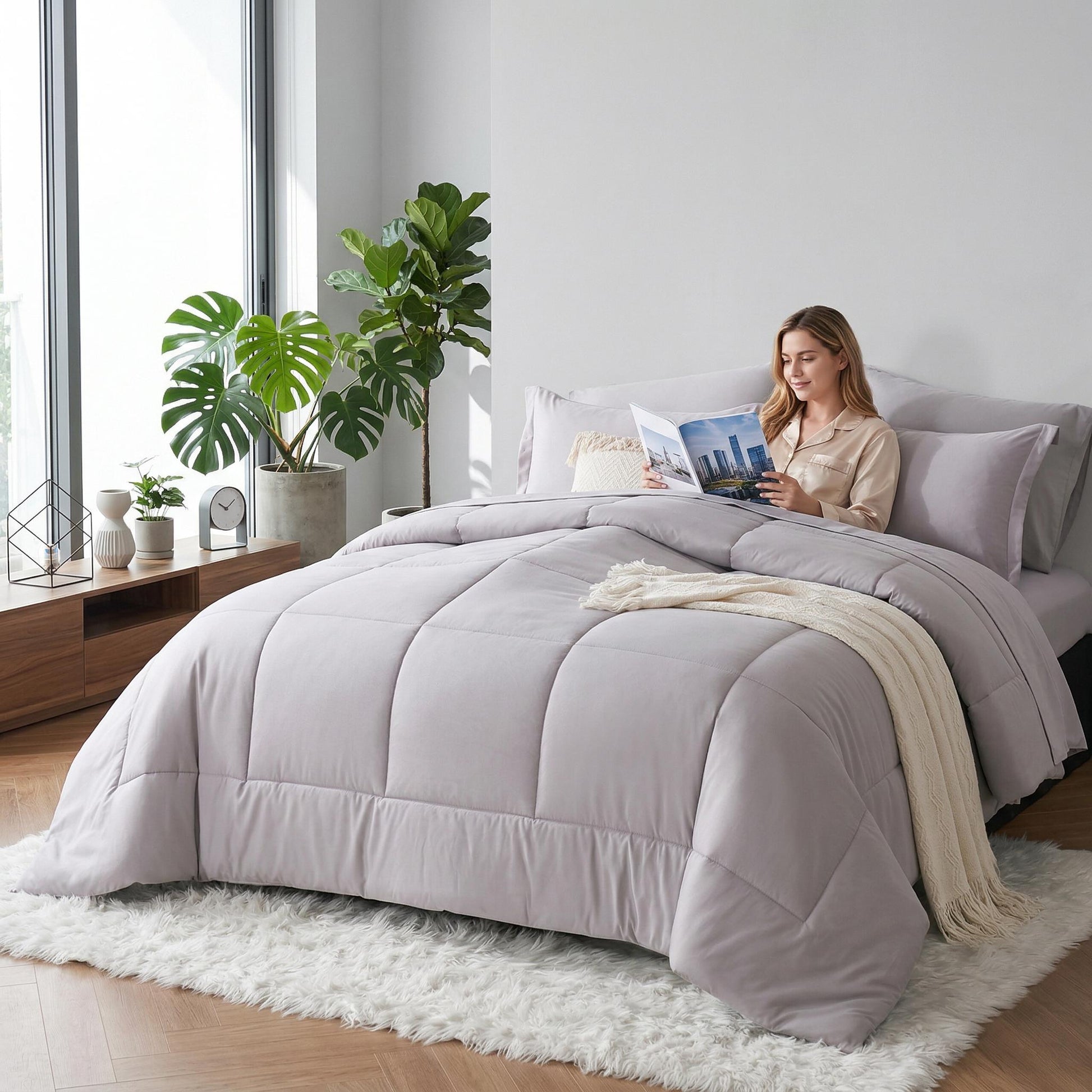 Light gray silk down alternative duvet insert comforter set with checkered pattern on a bed.