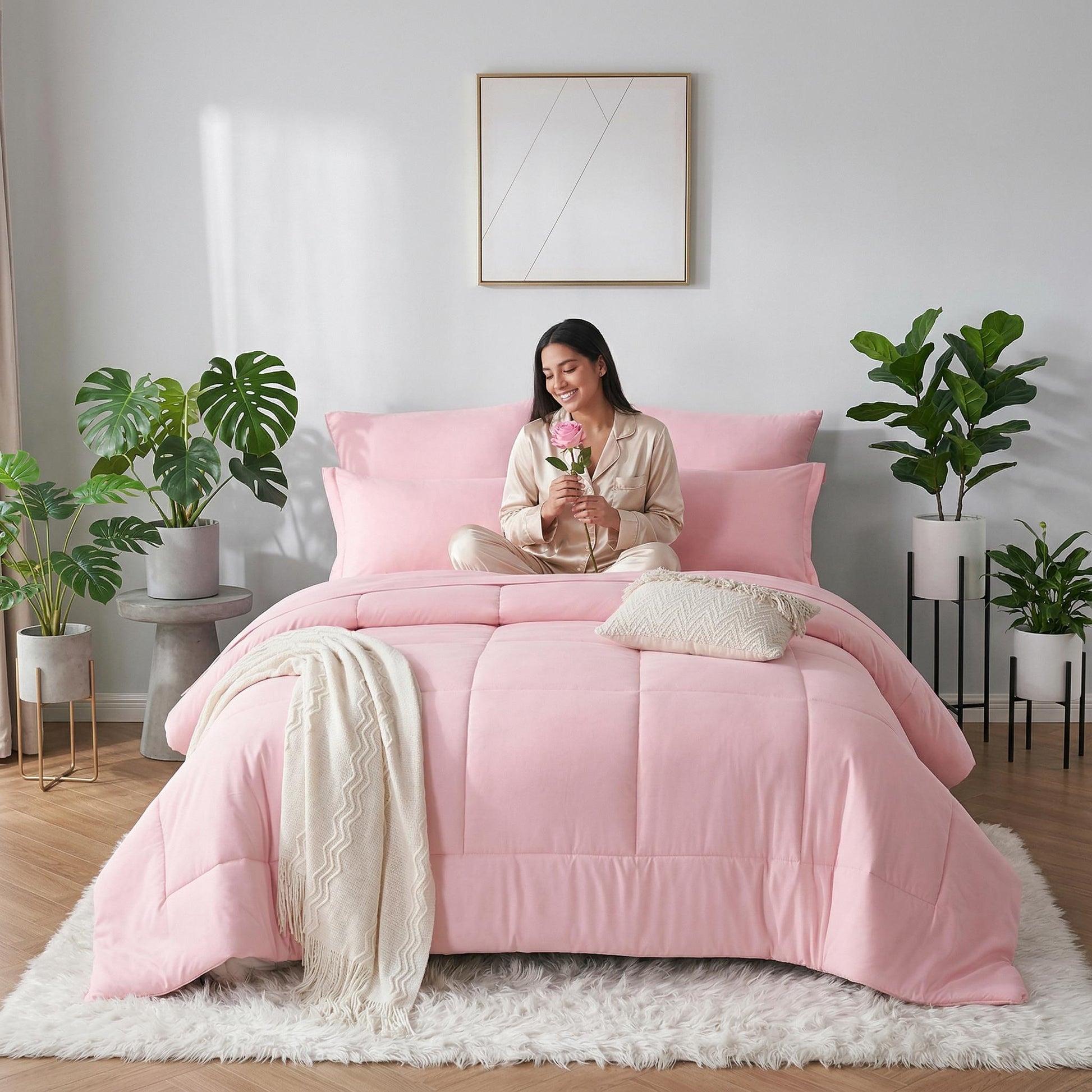 Pink down alternative duvet insert comforter set with a woman holding a flower.