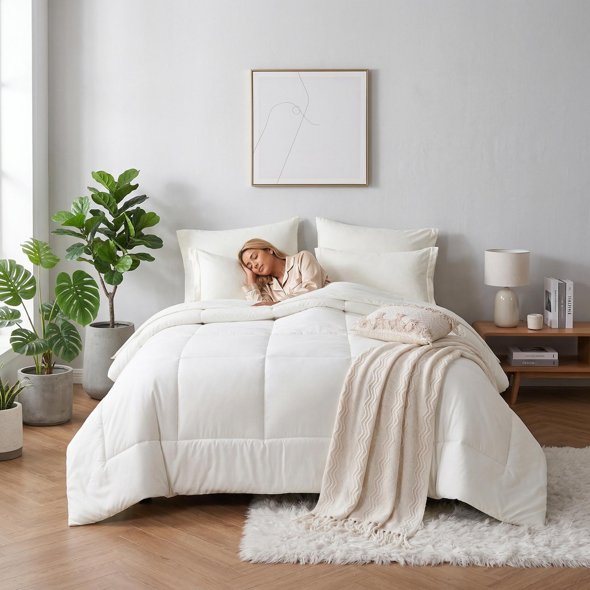 Woman sleeping on a white down alternative duvet insert comforter set with a checkered pattern.