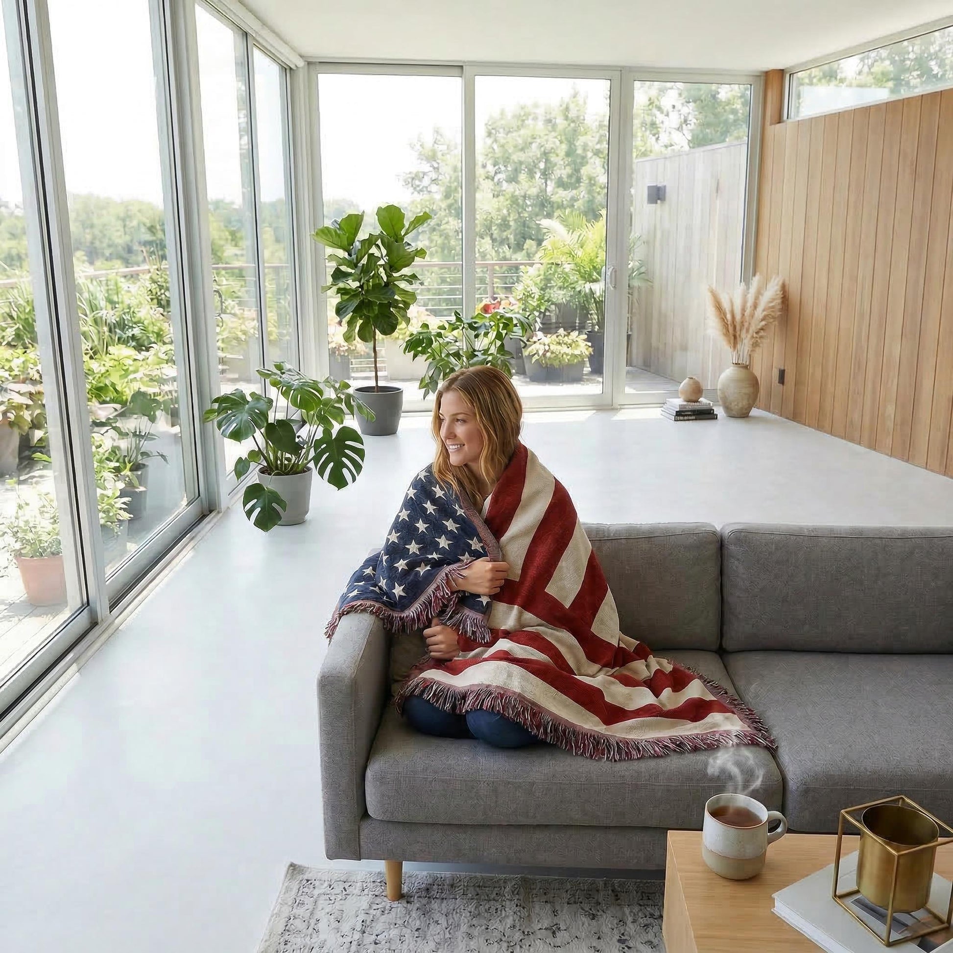 Woman on a gray couch wrapped in a knitted American flag throw blanket with fringe, looking out a window.