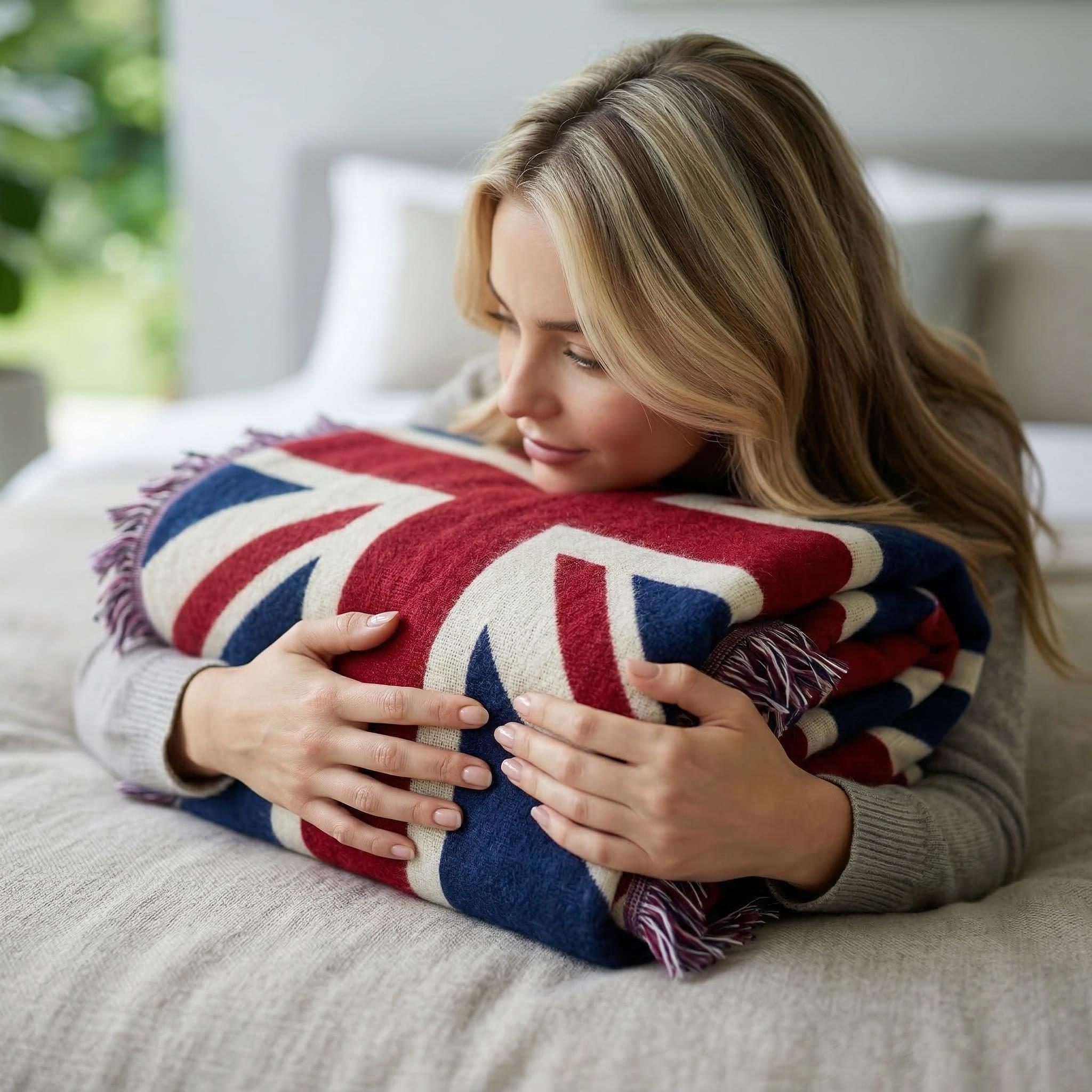 Blonde woman embracing a knitted Union Jack throw blanket with fringe on a bed.