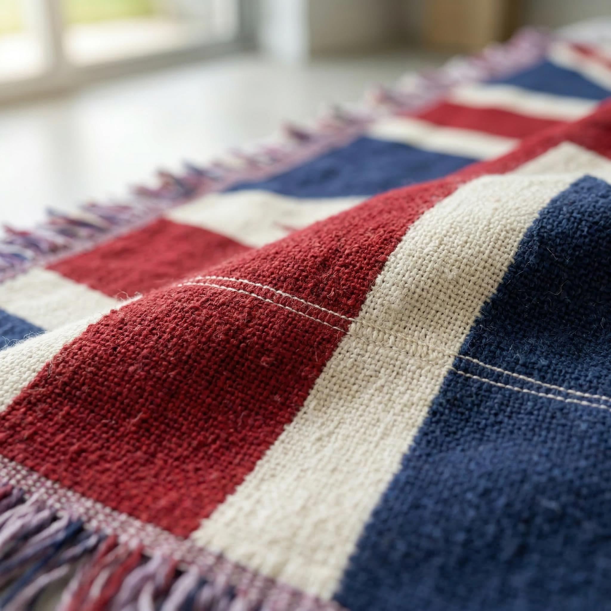 Knitted American flag throw blanket with red, white, and blue stripes, fringed edges, and visible cotton texture.