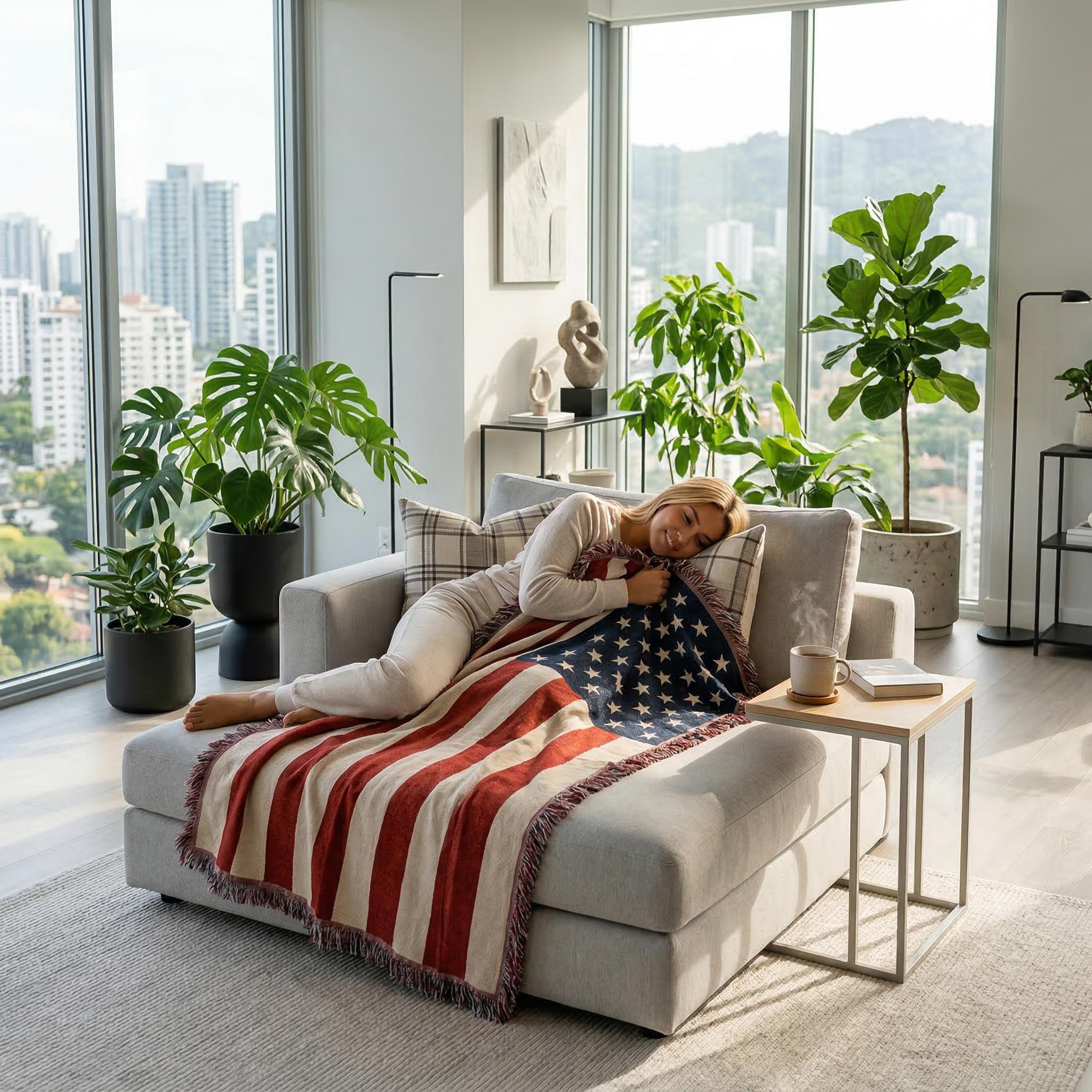 Woman relaxing on a grey chaise lounge, covered by a knitted American flag throw blanket, in a bright, modern living room.