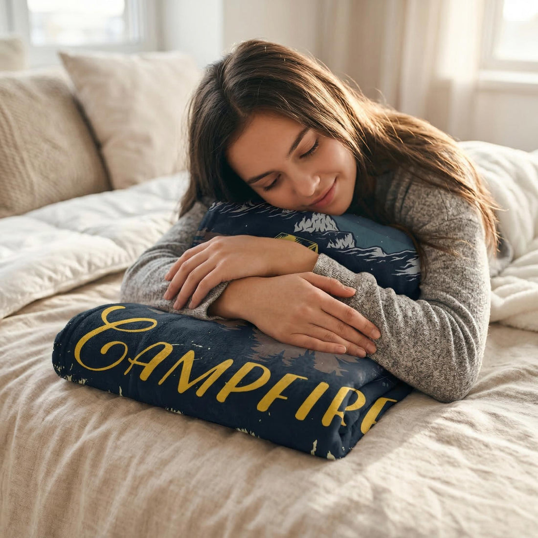 Woman wrapped in a dark blue flannel blanket with a "Life is Better Around the Campfire" landscape design.