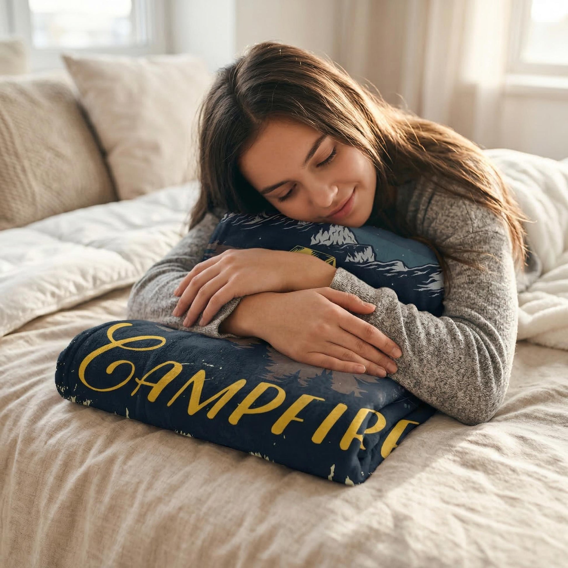 Woman sleeping on a soft, dark blue flannel blanket with "Campfire" text and a mountain landscape design.