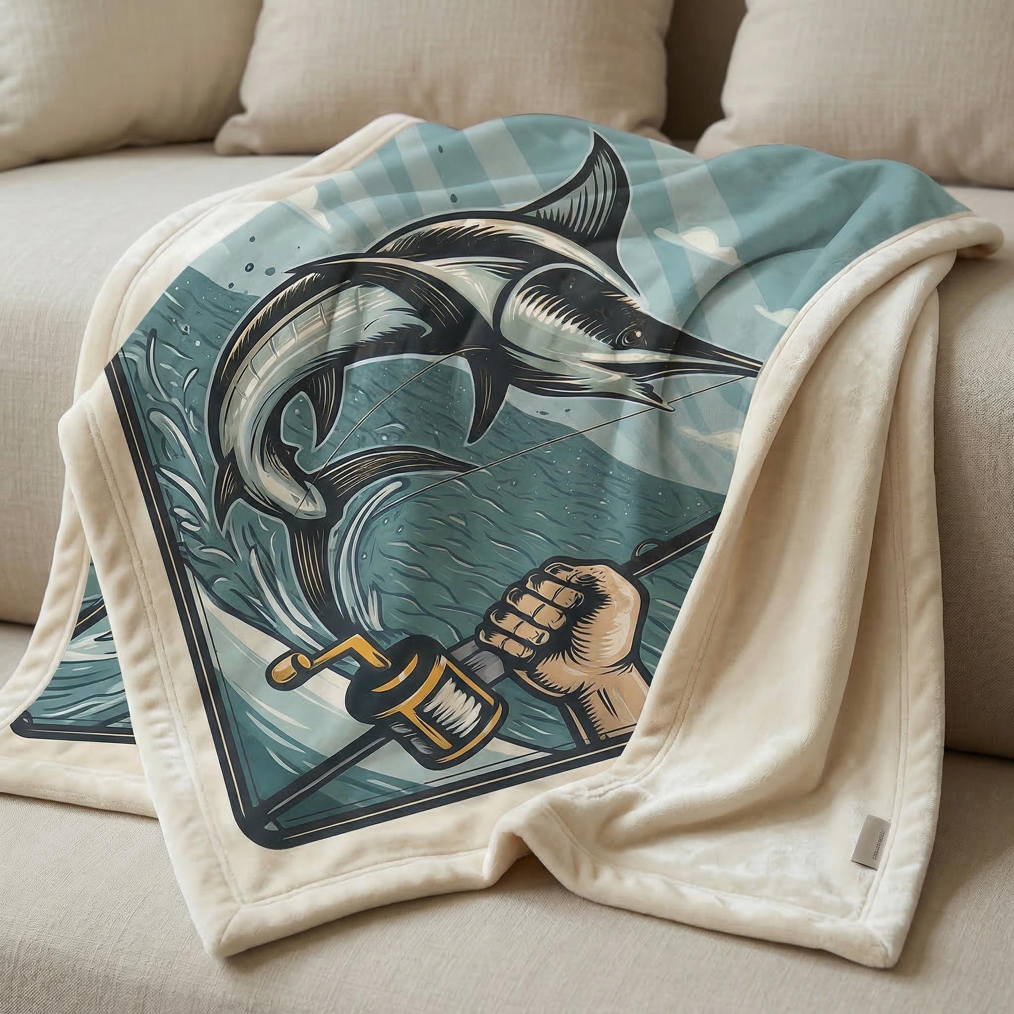 Soft flannel blanket with a blue and beige marlin fishing design, draped over a light-colored sofa.