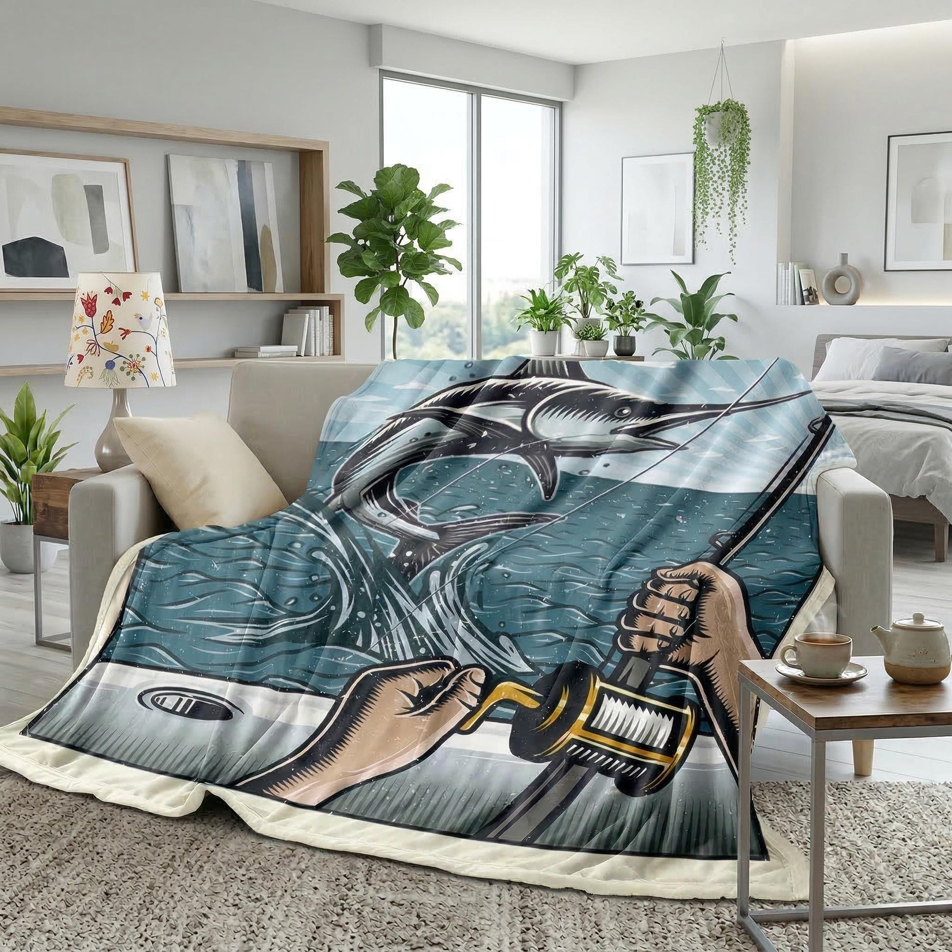 American Retro Landscape Flannel Blanket with a fishing scene featuring a marlin jumping from blue water, draped on a sofa.