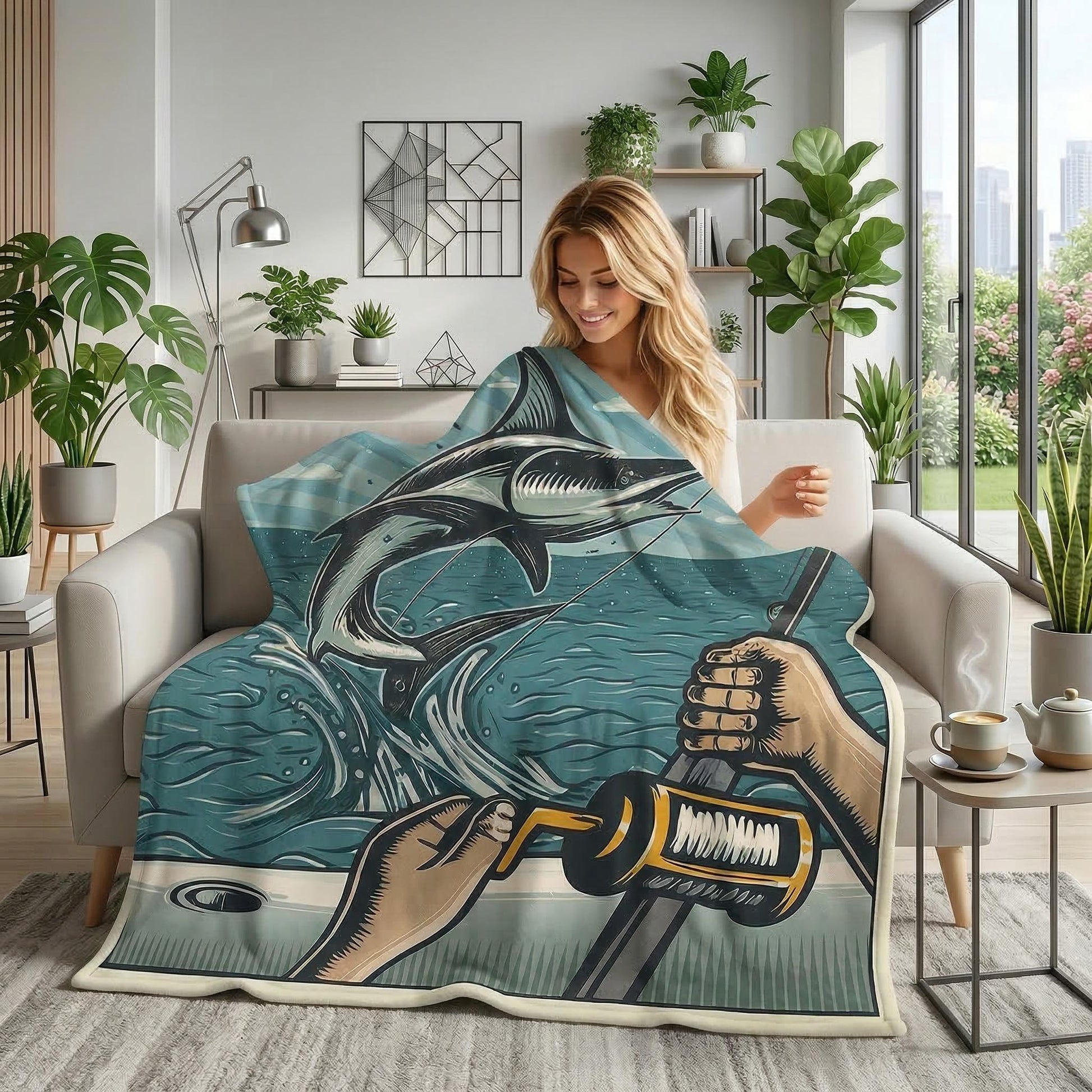 Blonde woman on a sofa covered by a blue flannel blanket with a jumping marlin and fishing rod design.