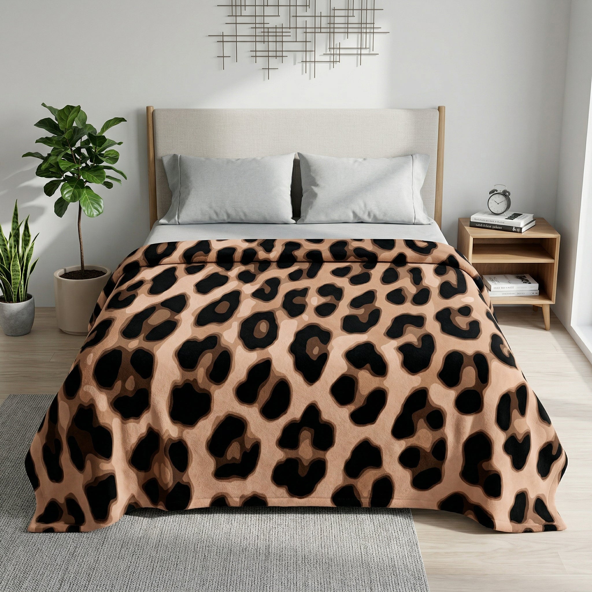 Animal print flannel blanket with a brown and black leopard pattern draped over a bed.