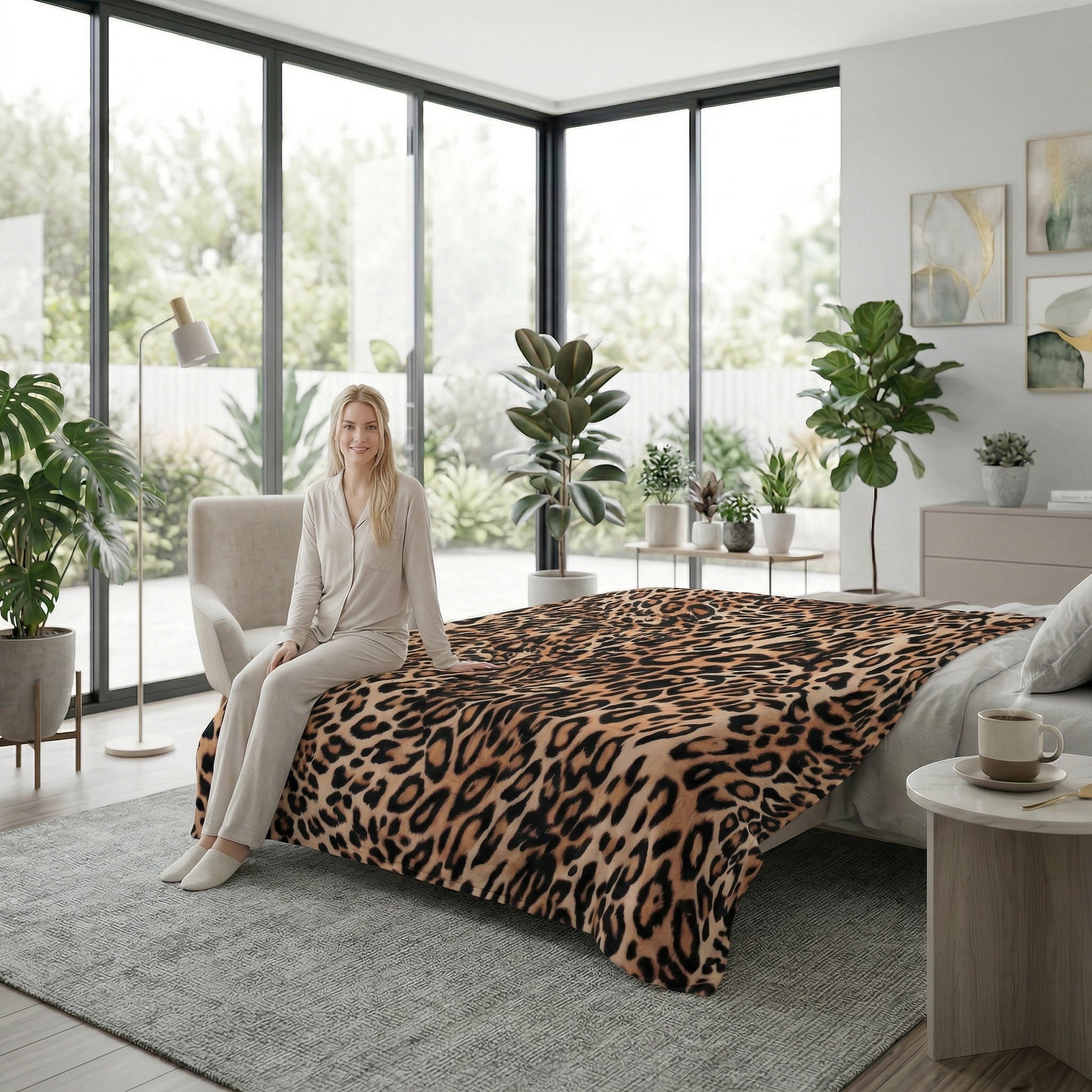 Blonde woman in pajamas sitting on a bed with a soft, brown leopard print flannel blanket in a bright bedroom.